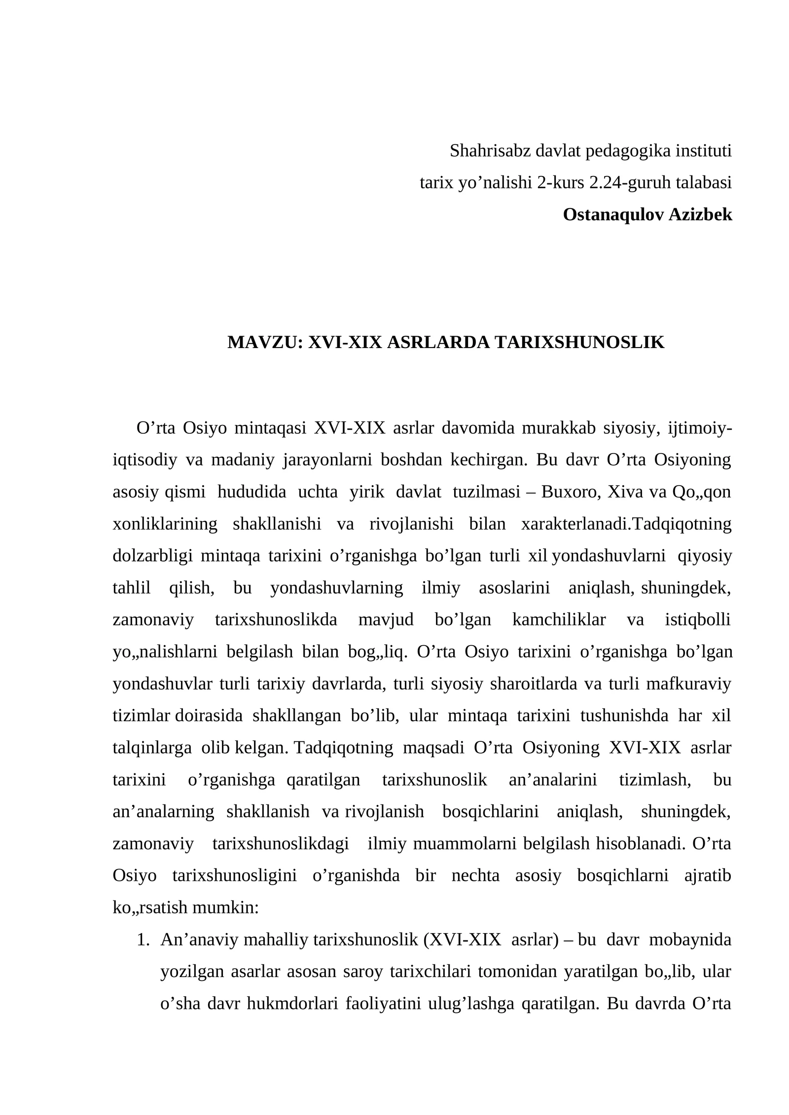 XVI-XIX ASRLARDA TARIXSHUNOSLIK