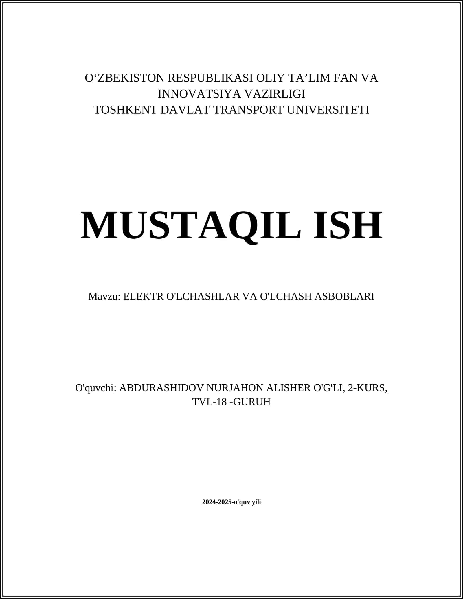 ELEKTR O'LCHASHLAR VA O'LCHASH ASBOBLARI
