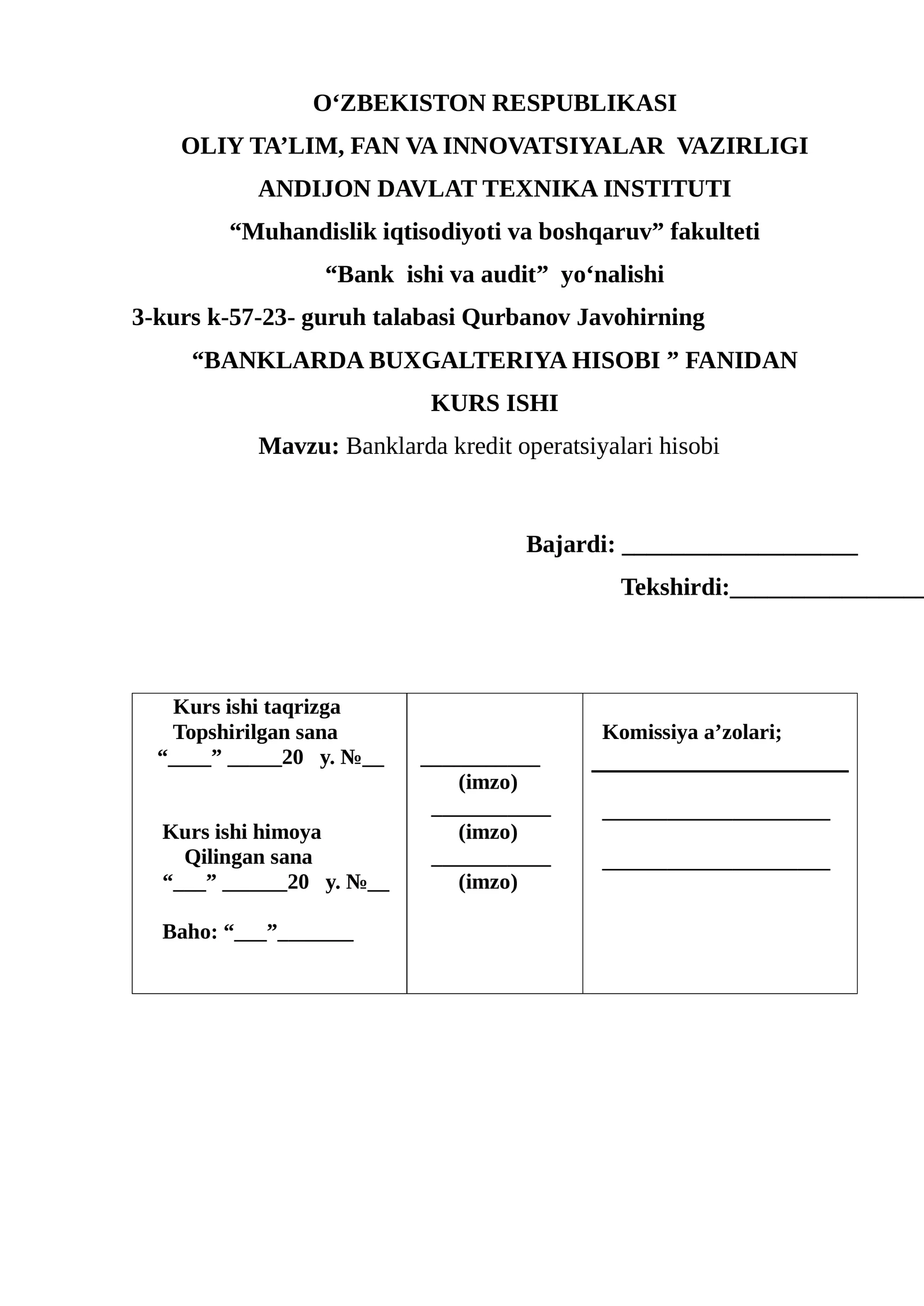 Banklarda kredit operatsiyalari hisobi
