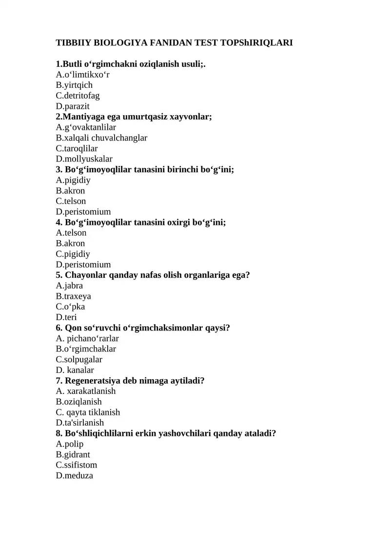 TIBBIIY BIOLOGIYA FANIDAN TEST TOPShIRIQLARI