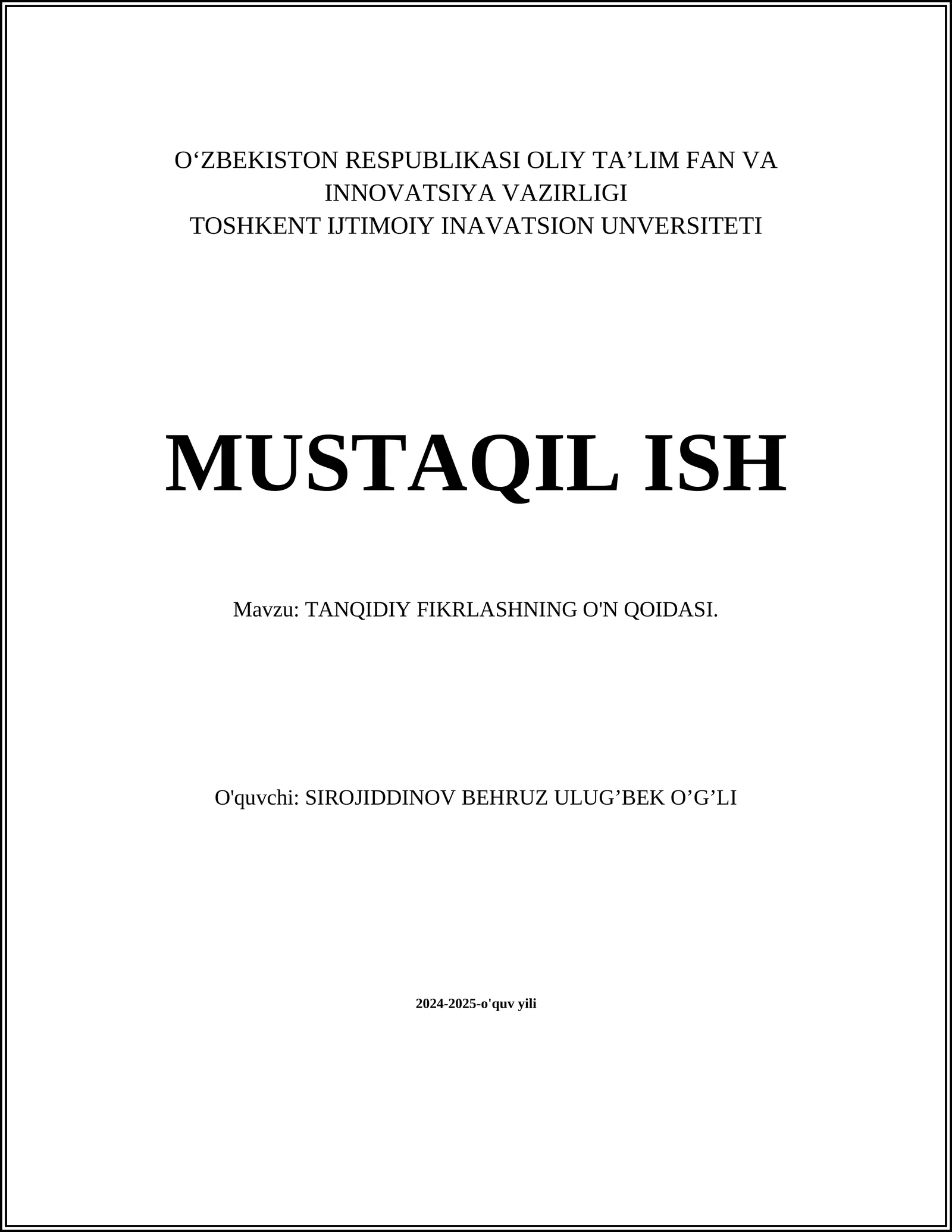 TANQIDIY FIKRLASHNING O'N QOIDASI