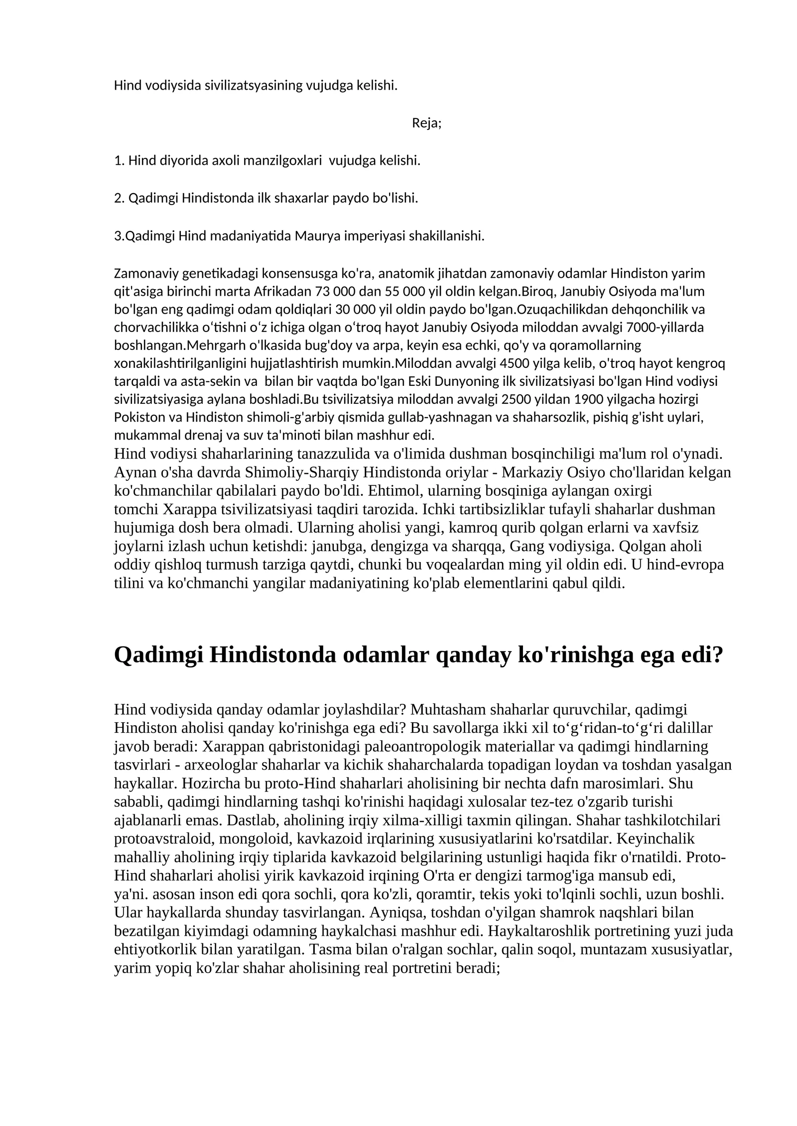 Hind vodiysida sivilizatsiyasining vujudga kelishi