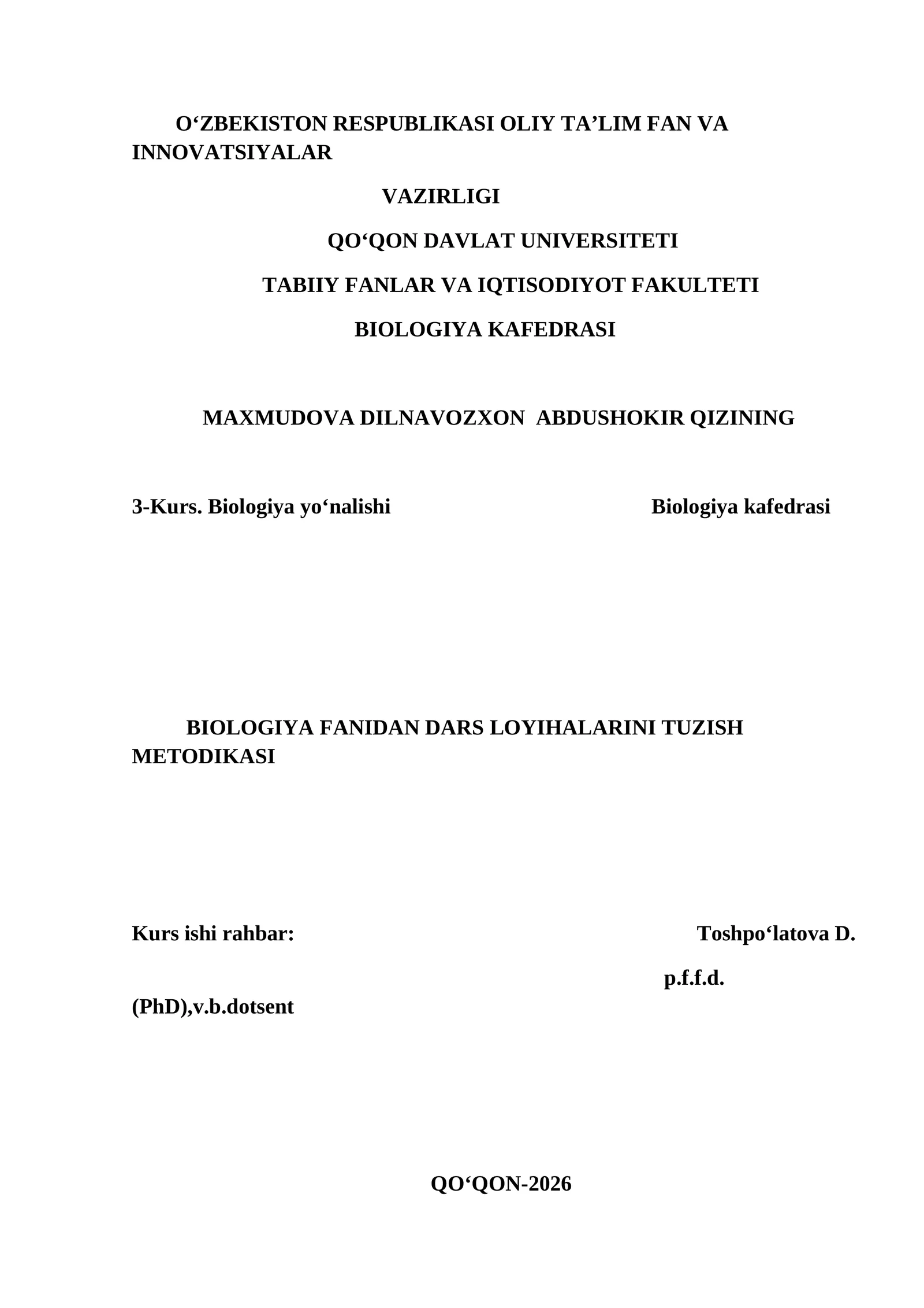BIOLOGIYA FANIDAN DARS LOYIHALARINI TUZISH METODIKASI