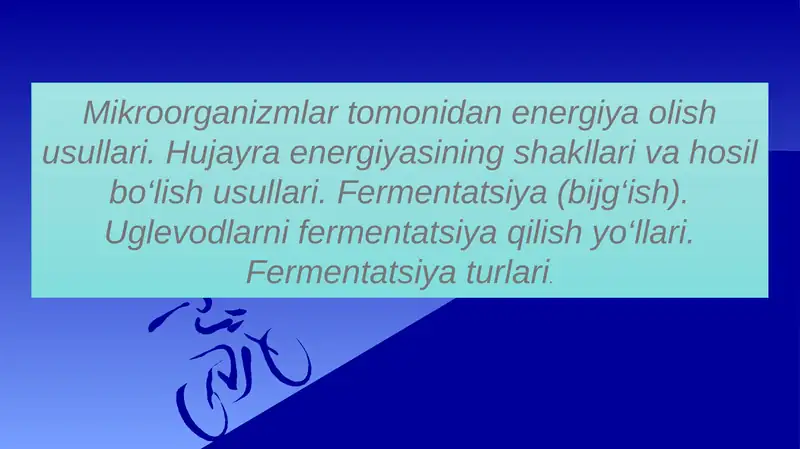 Mikroorganizmlar tomonidan energiya olish usullari. Hujayra energiyasining shakllari va hosil bo‘lish usullari. Fermentatsiya (bijg‘ish). Uglevodlarni fermentatsiya qilish yo‘llari. Fermentatsiya turlari
