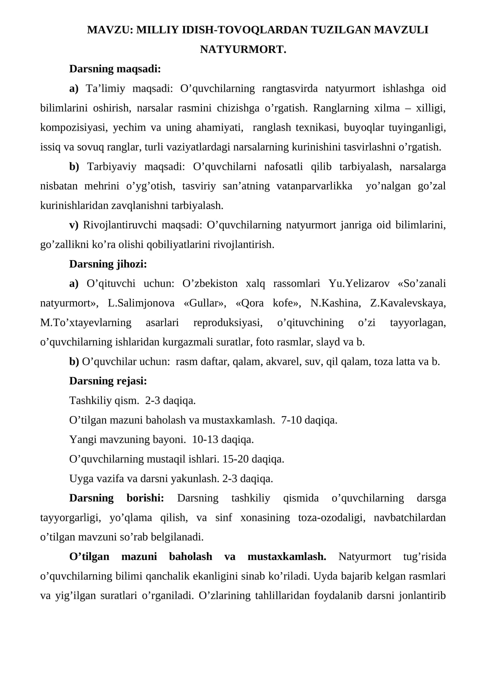 MILLIY IDISH-TOVOQLARDAN TUZILGAN MAVZULI NATYURMORT Dars ishlanma
