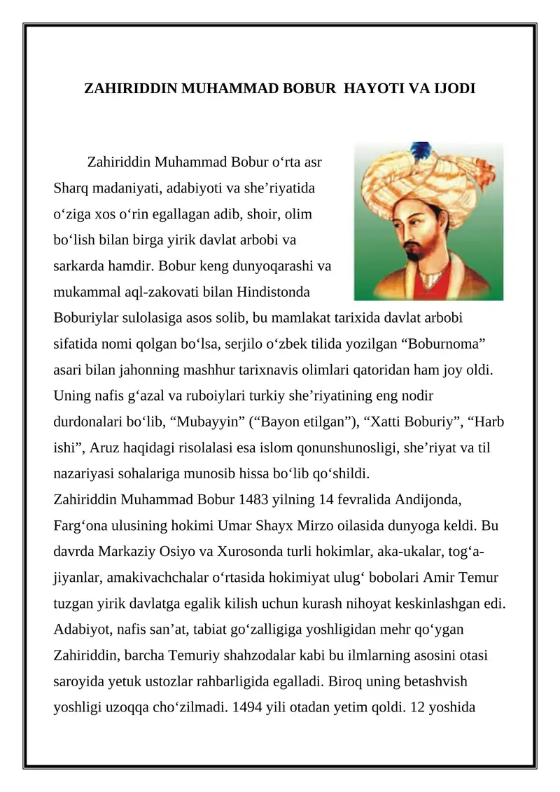 ZAHIRIDDIN MUHAMMAD BOBUR HAYOTI VA IJODI