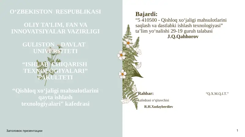 Kanopni saqlash va xom ashyoni qayta ishlash texnologiyasi