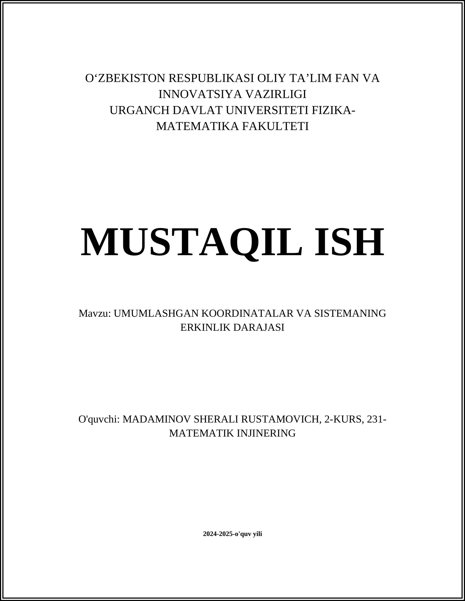 UMUMLASHGAN KOORDINATALAR VA SISTEMANING ERKINLIK DARAJASI