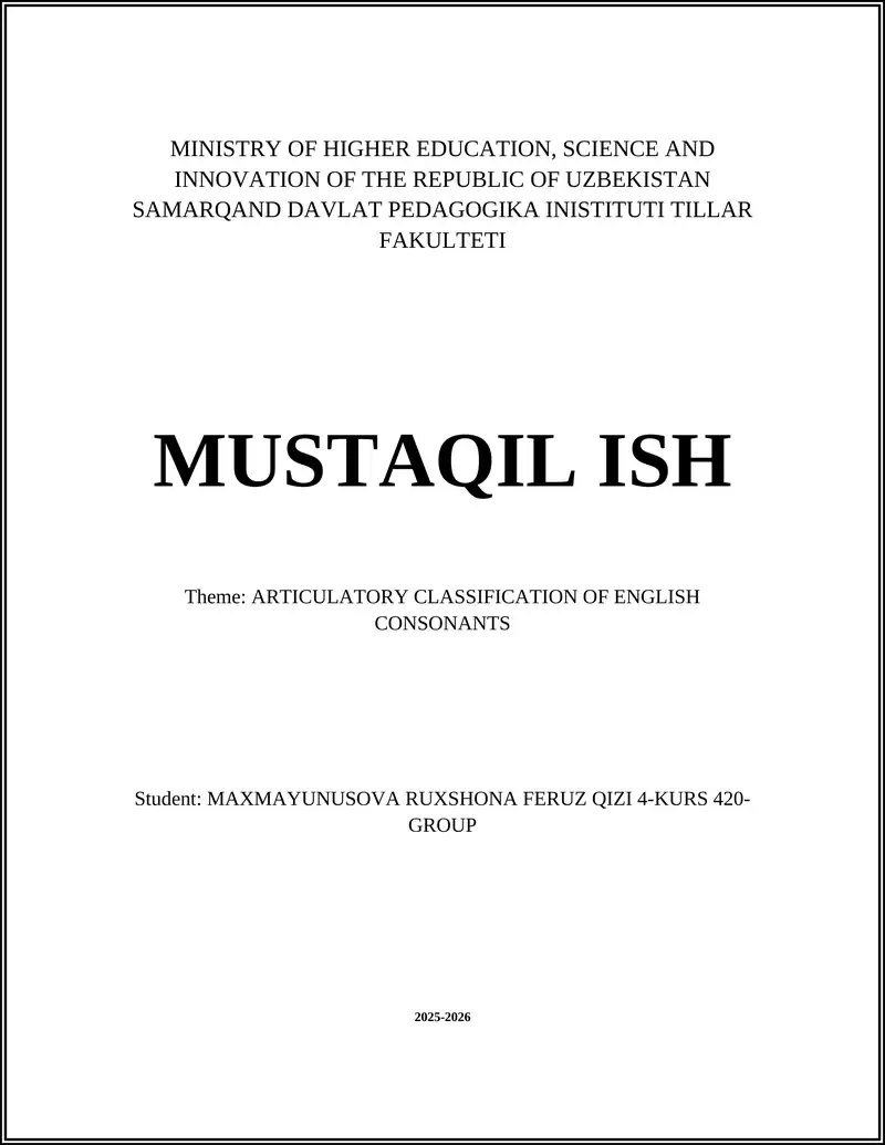 ARTICULATORY CLASSIFICATION OF ENGLISH CONSONANTS