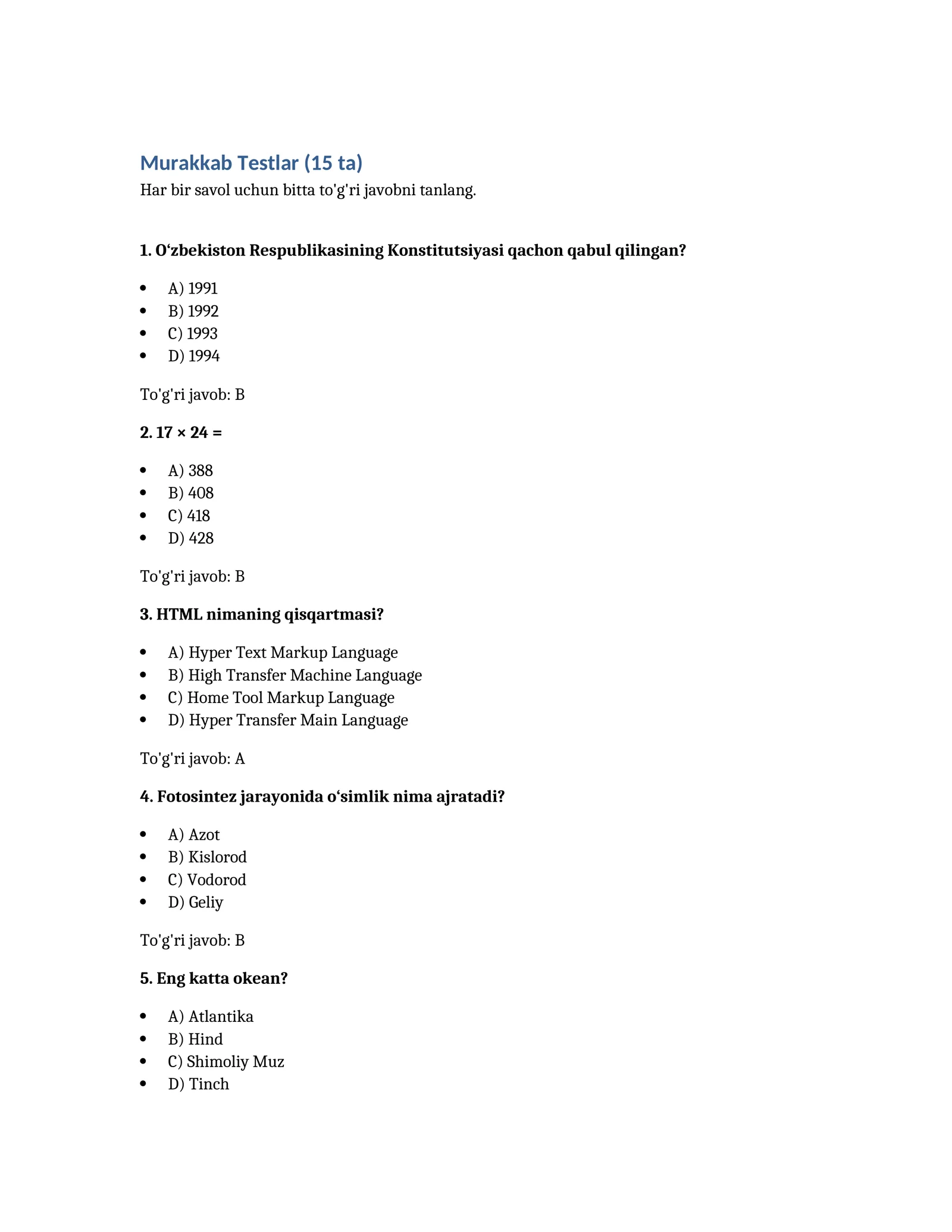 Murakkab Testlar (15 ta)