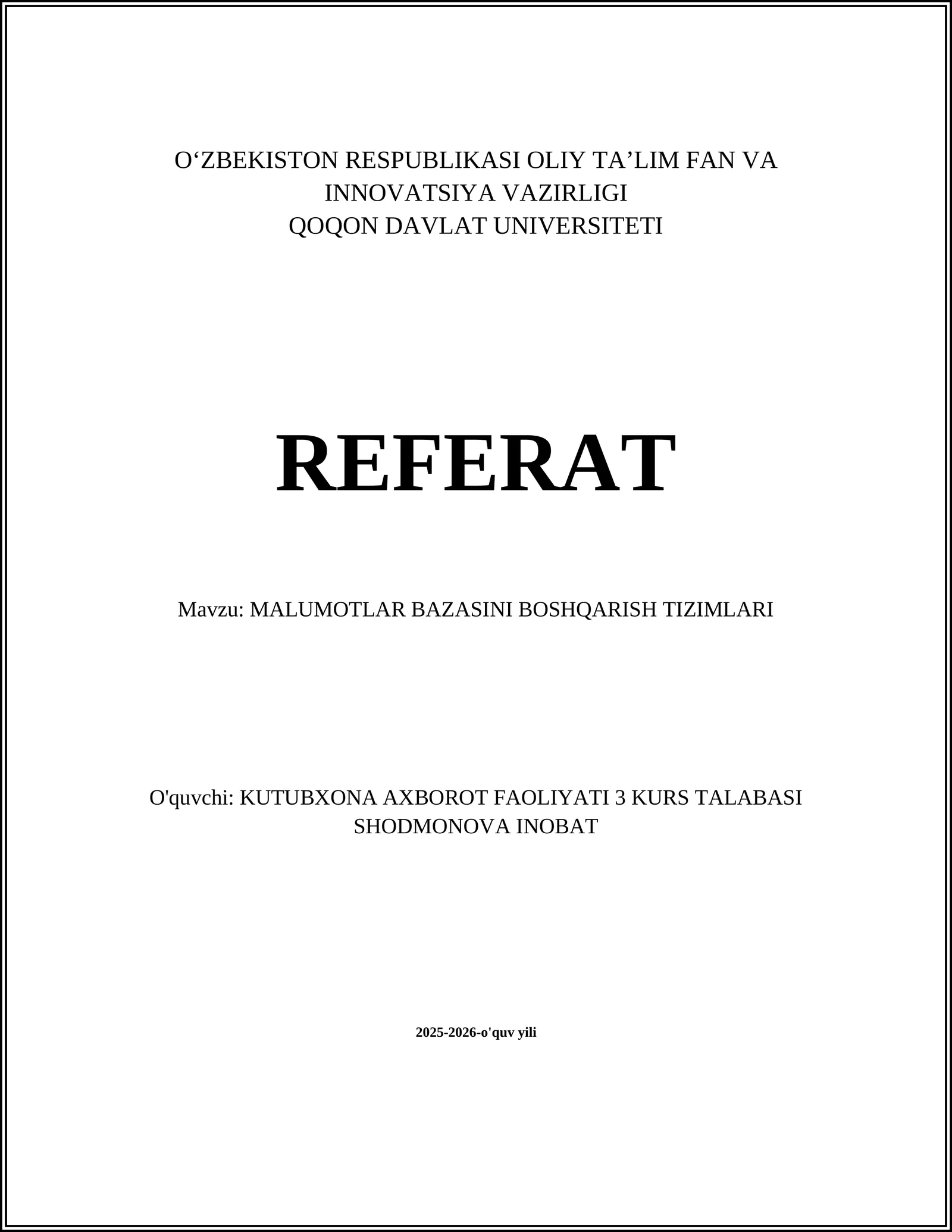 MALUMOTLAR BAZASINI BOSHQARISH TIZIMLARI