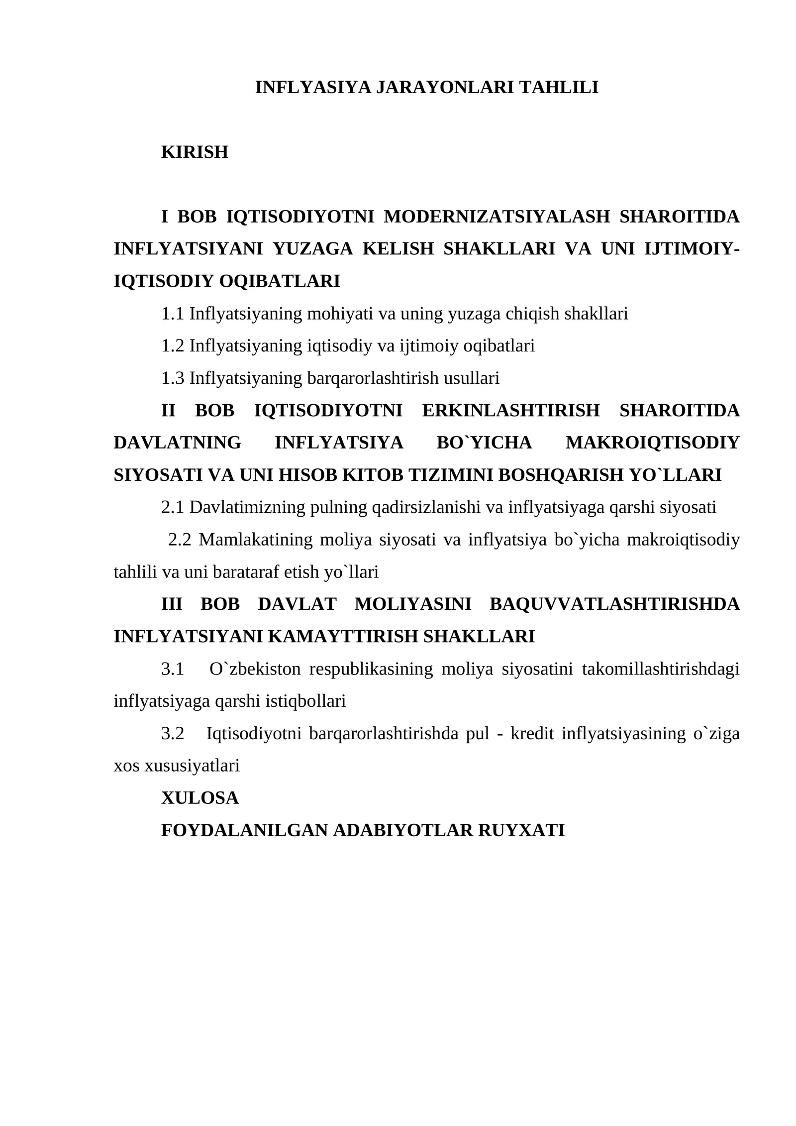 INFLYASIYA JARAYONLARI TAHLILI