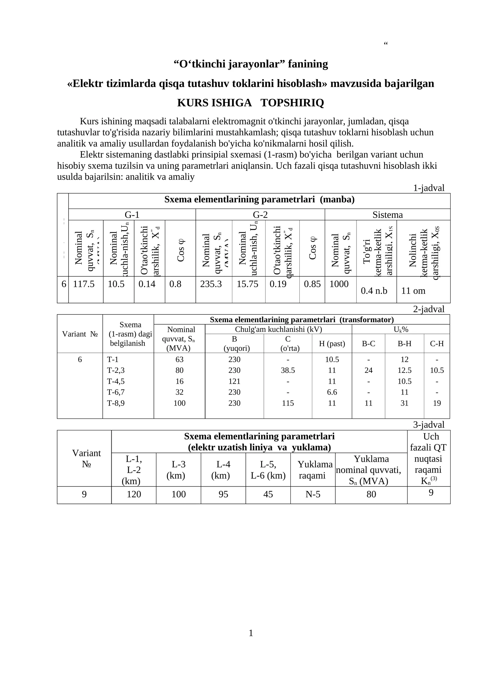 Elektr tizimlarda qisqa tutashuv toklarini hisoblash