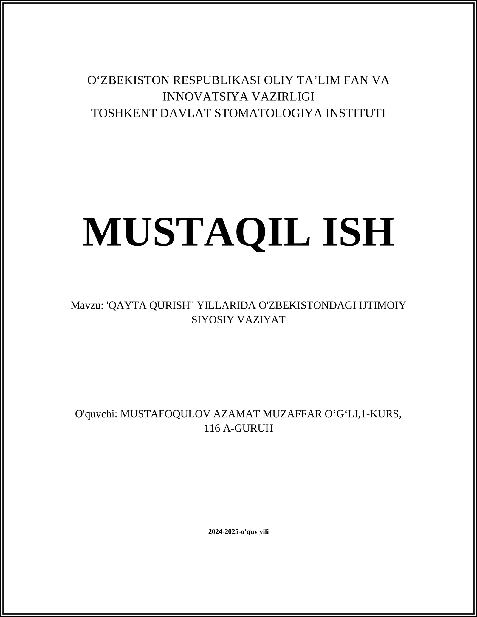 'QAYTA QURISH'' YILLARIDA O'ZBEKISTONDAGI IJTIMOIY SIYOSIY VAZIYAT'