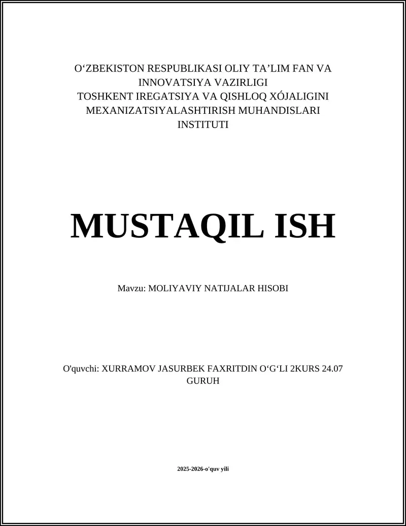 MOLIYAVIY NATIJALAR HISOBI
