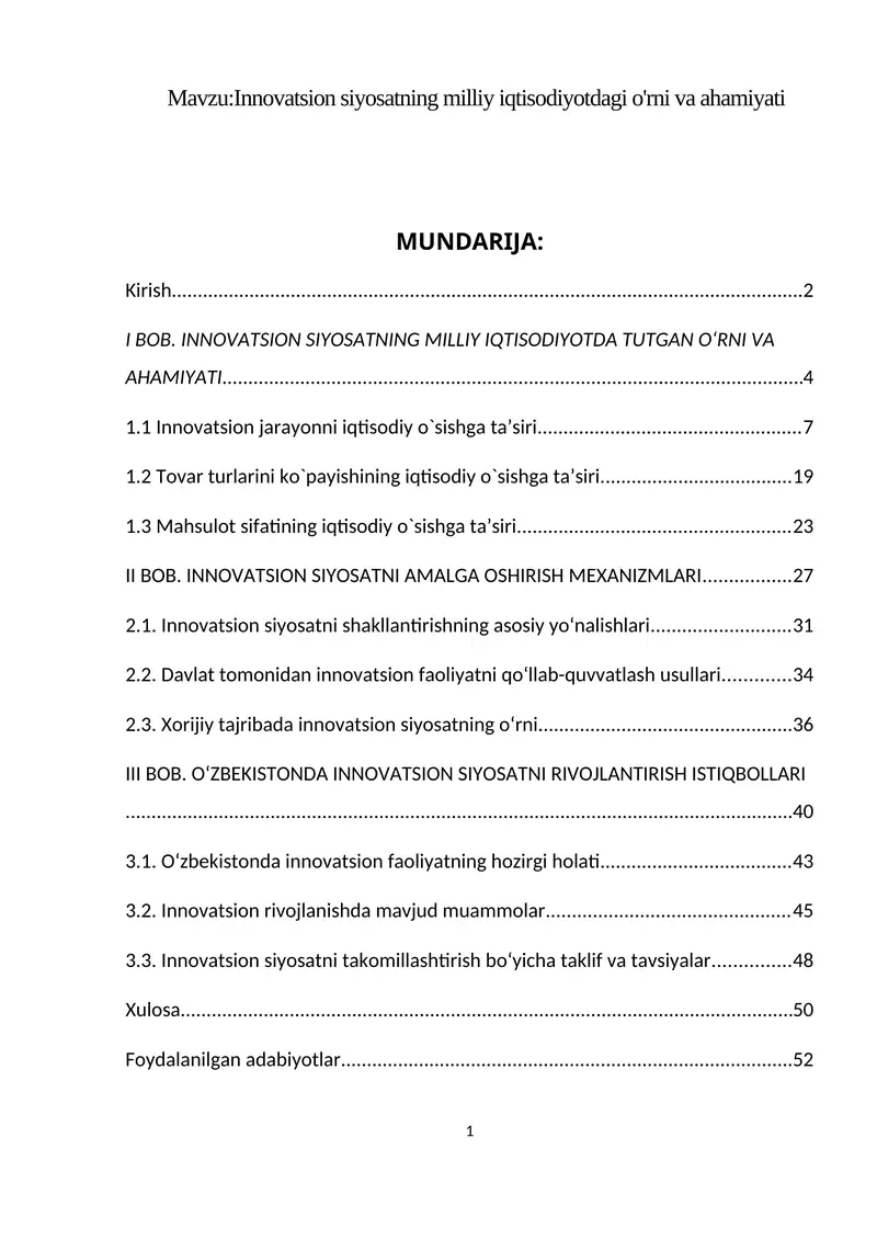 Innovatsion siyosatning milliy iqtisodiyotdagi o'rni va ahamiyati