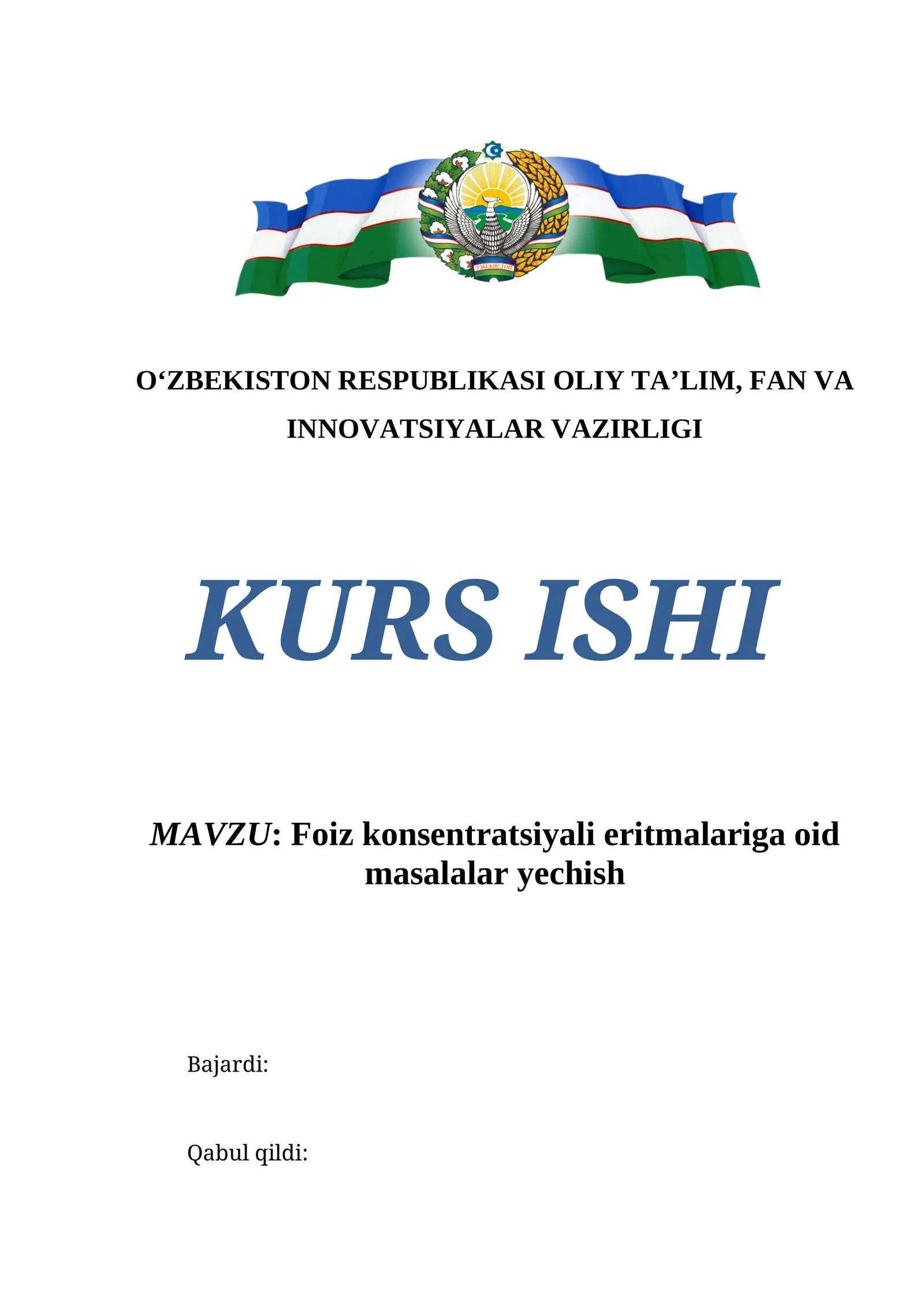 Foiz konsentratsiyali eritmalariga oid masalalar yechish