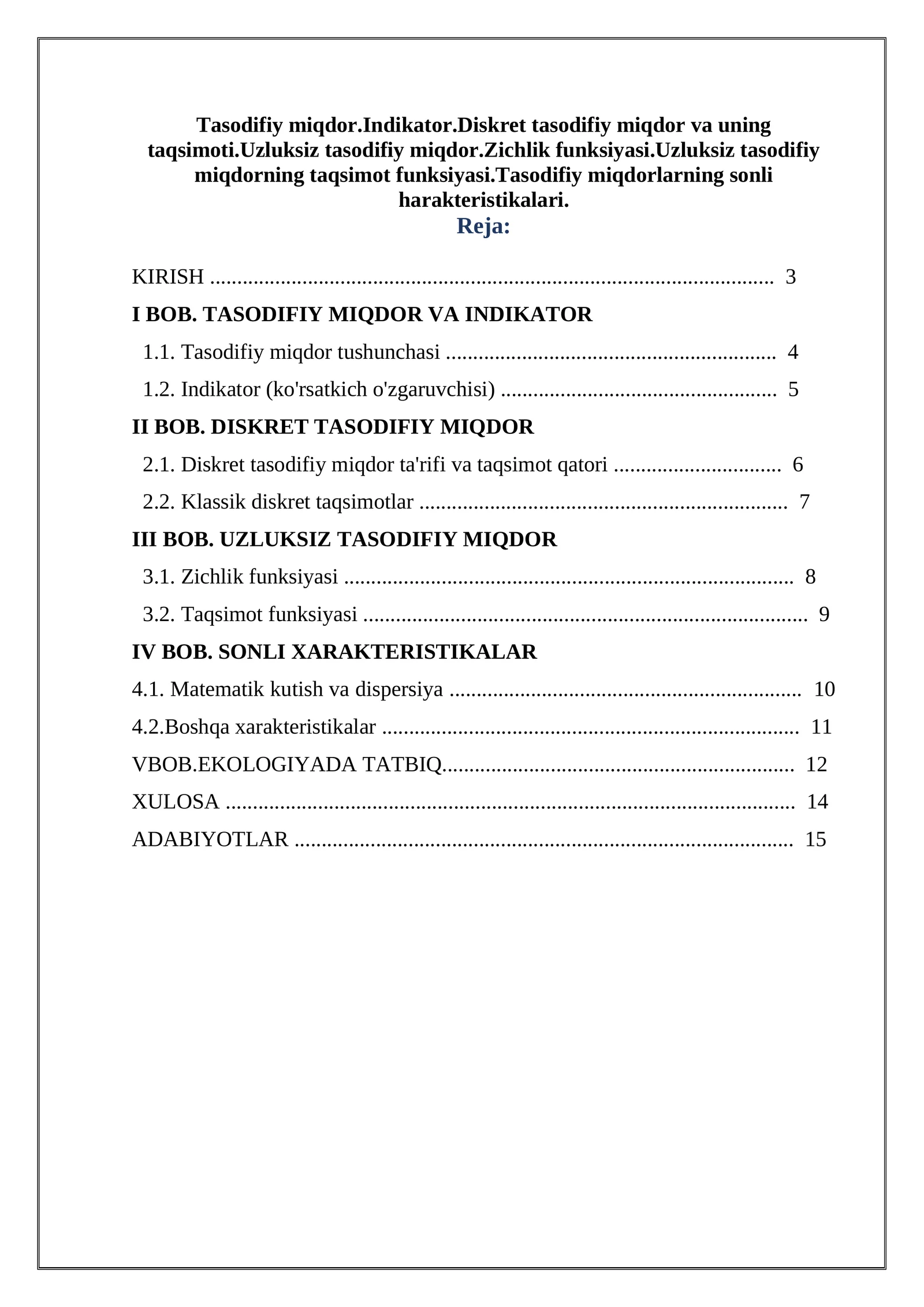 TASODIFIY MIQDOR VA UNING TAQSIMOTI