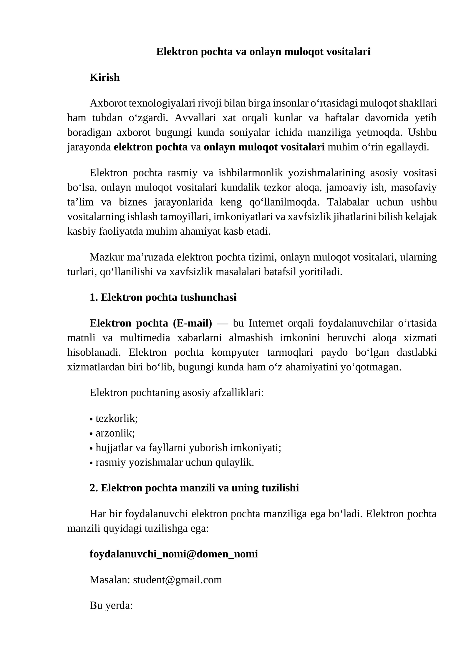 Elektron pochta va onlayn muloqot vositalari