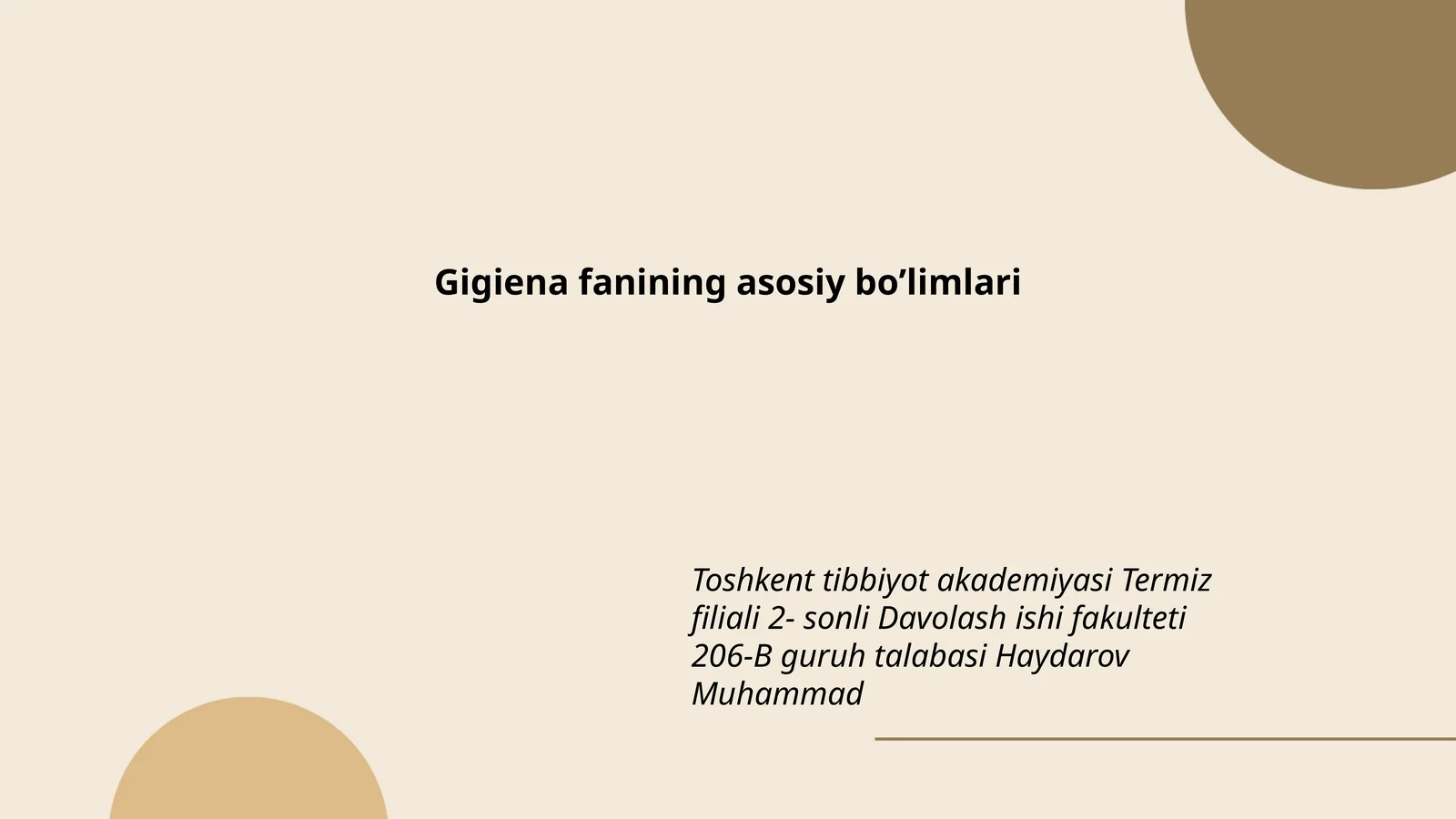 Gigiena fanining asosiy boʼlimlari