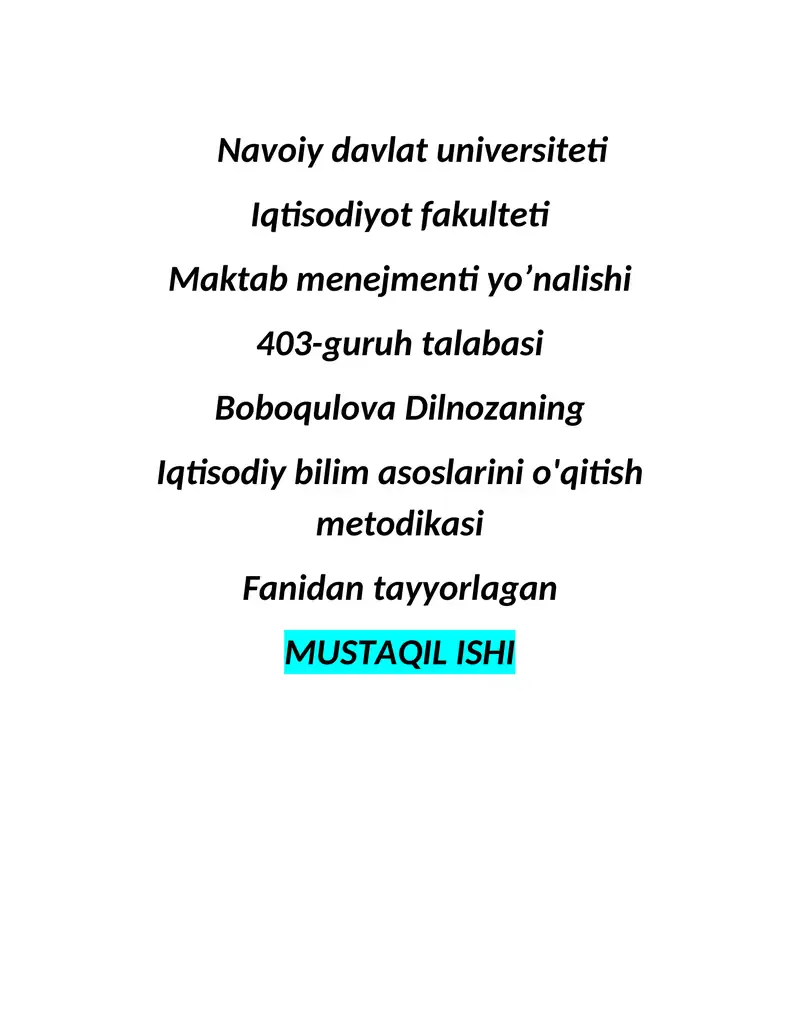 Iqtisodiy bilim asoslarini o'qitish metodikasi