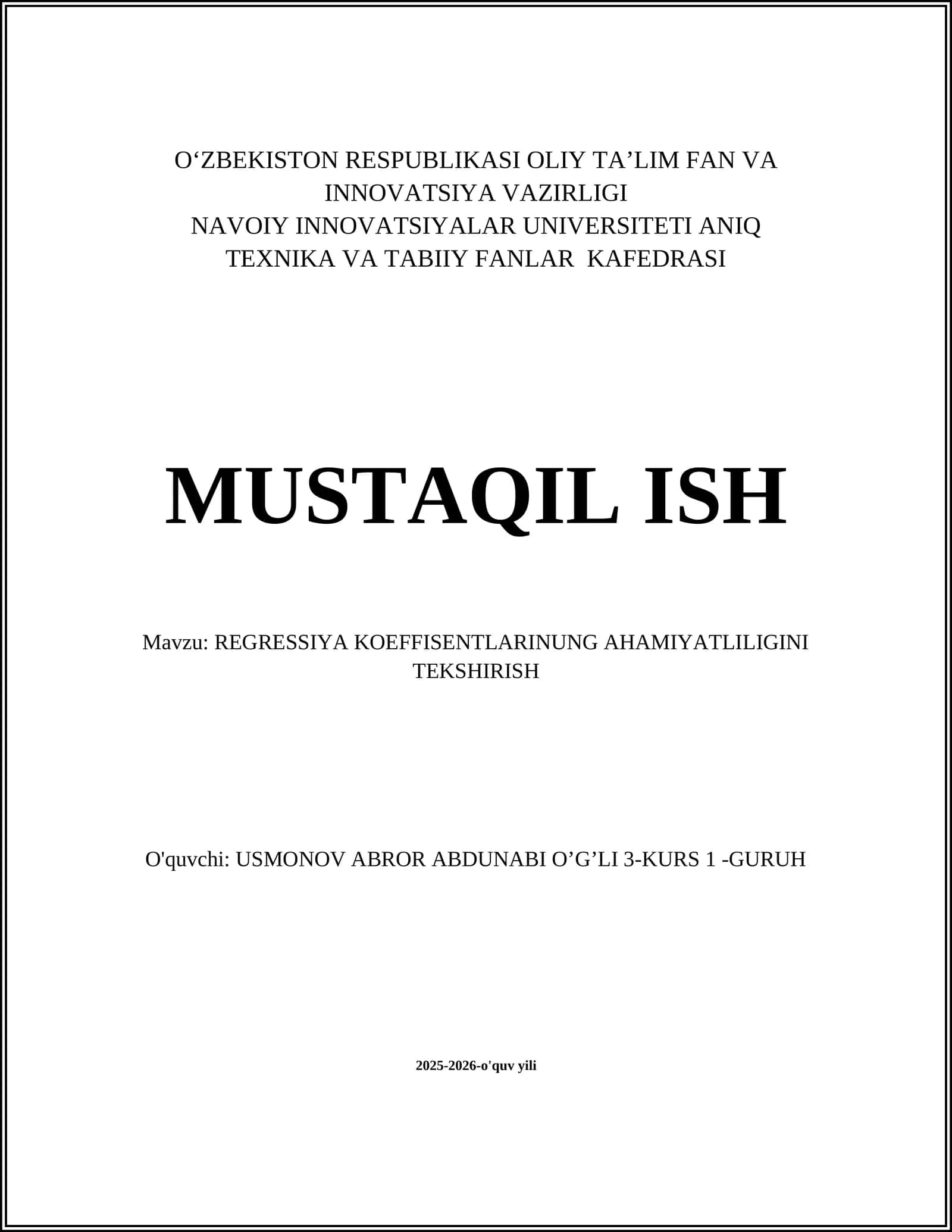 REGRESSIYA KOEFFISENTLARINUNG AHAMIYATLILIGINI TEKSHIRISH