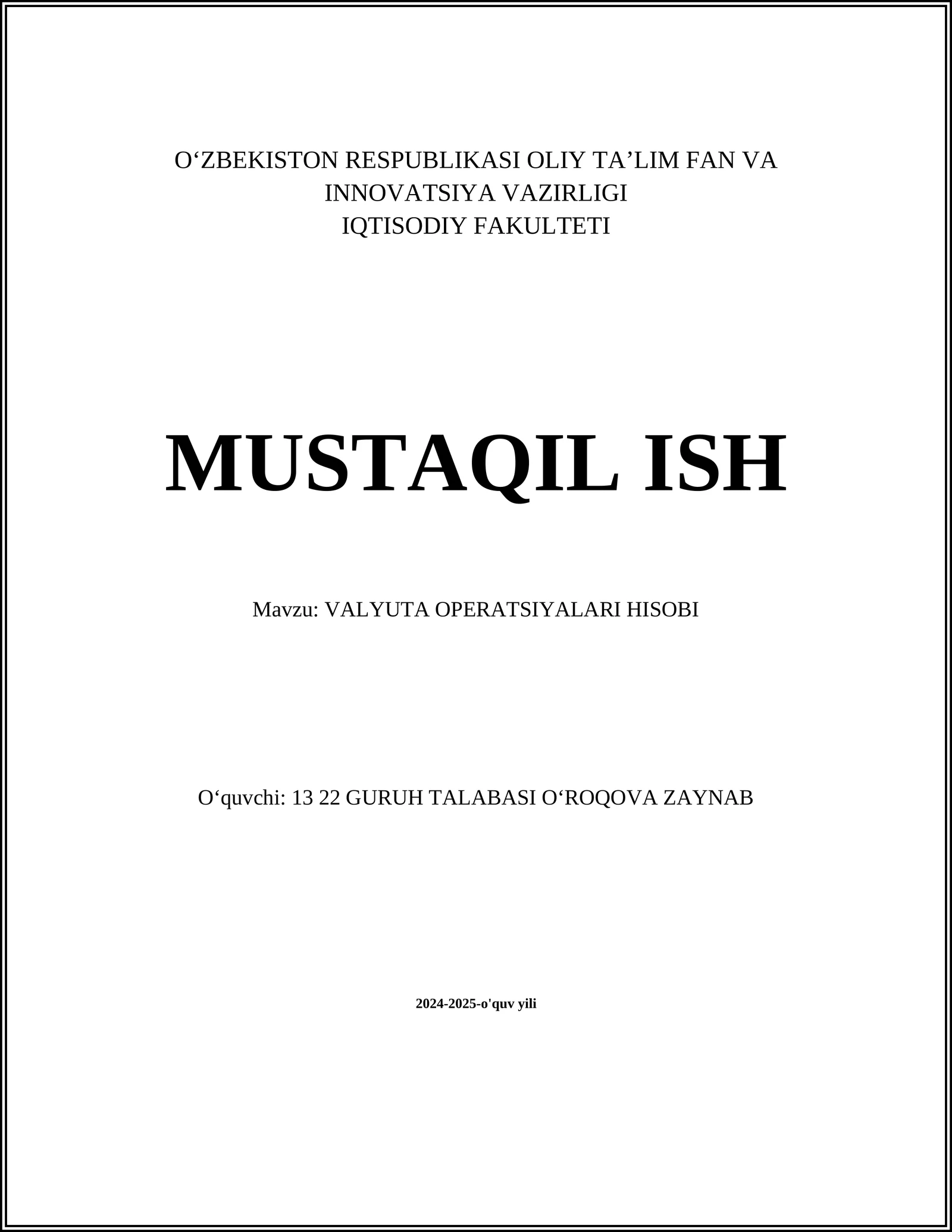 VALYUTA OPERATSIYALARI HISOBI