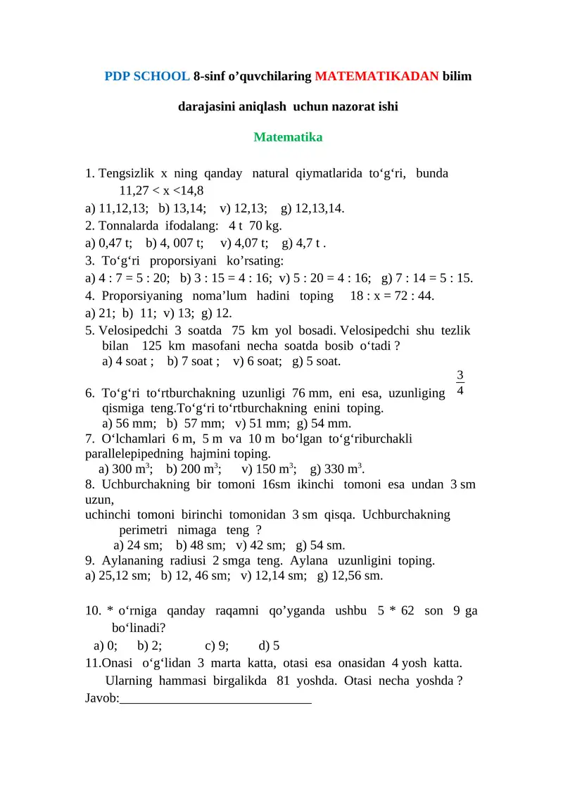 PDP SCHOOL 8-sinf o’quvchilaring MATEMATIKADAN bilim darajasini aniqlash