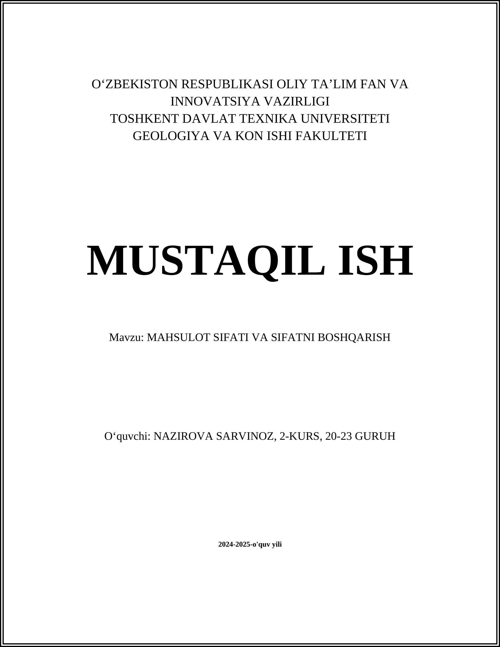 MAHSULOT SIFATI VA SIFATNI BOSHQARISH