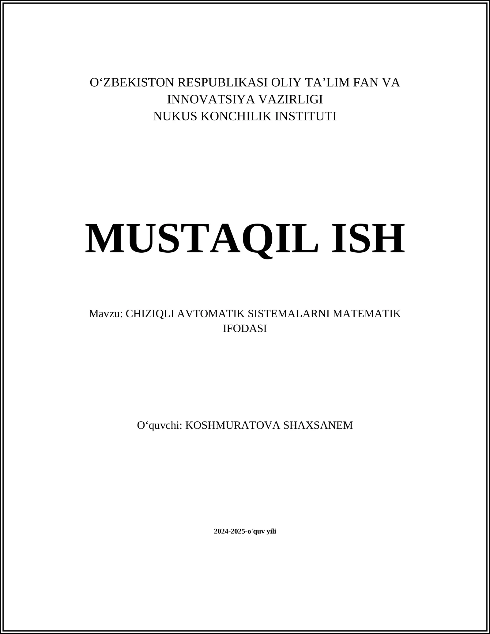 CHIZIQLI AVTOMATIK SISTEMALARNI MATEMATIK IFODASI