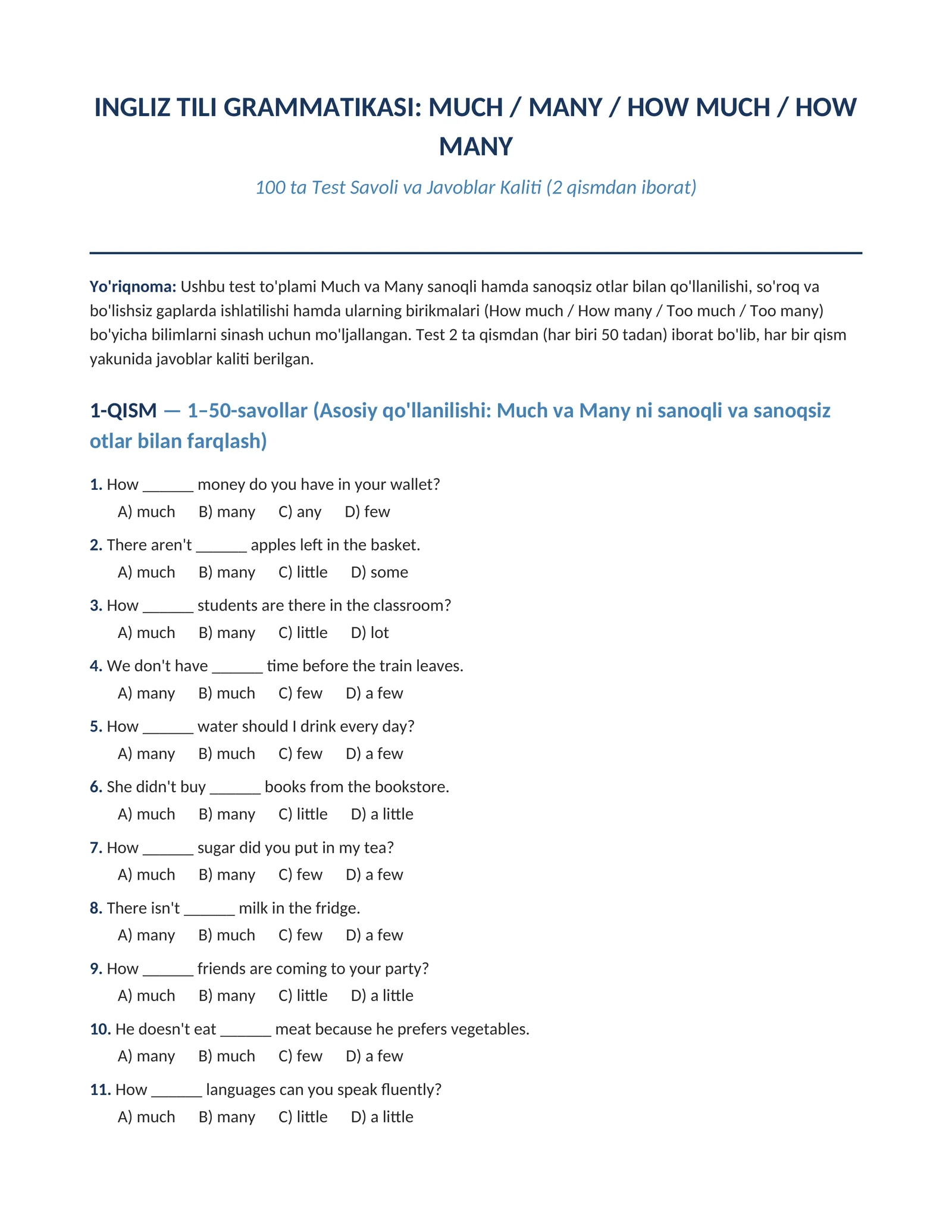 INGLIZ TILI GRAMMATIKASI: MUCH / MANY / HOW MUCH / HOW MANY mavzusi bo'yicha 100 talik test javoblari bilan