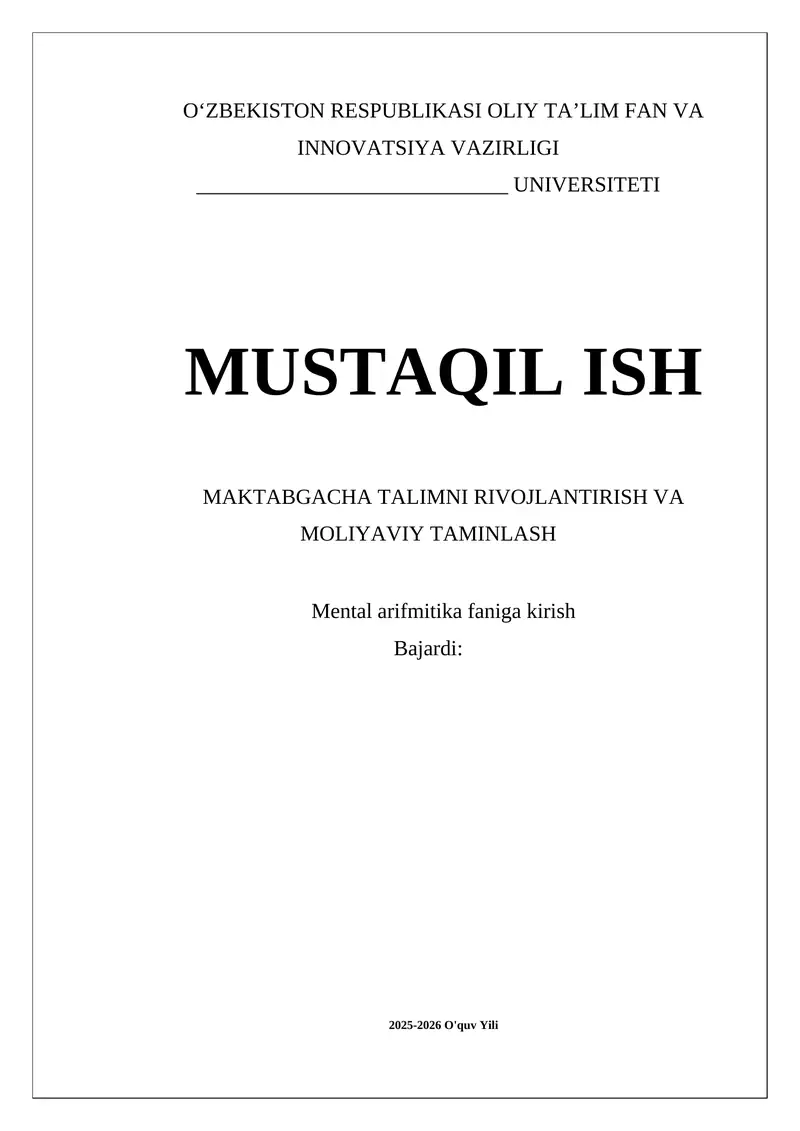 Maktabgacha talimning rivojlanishi va moliyaviy taminlash