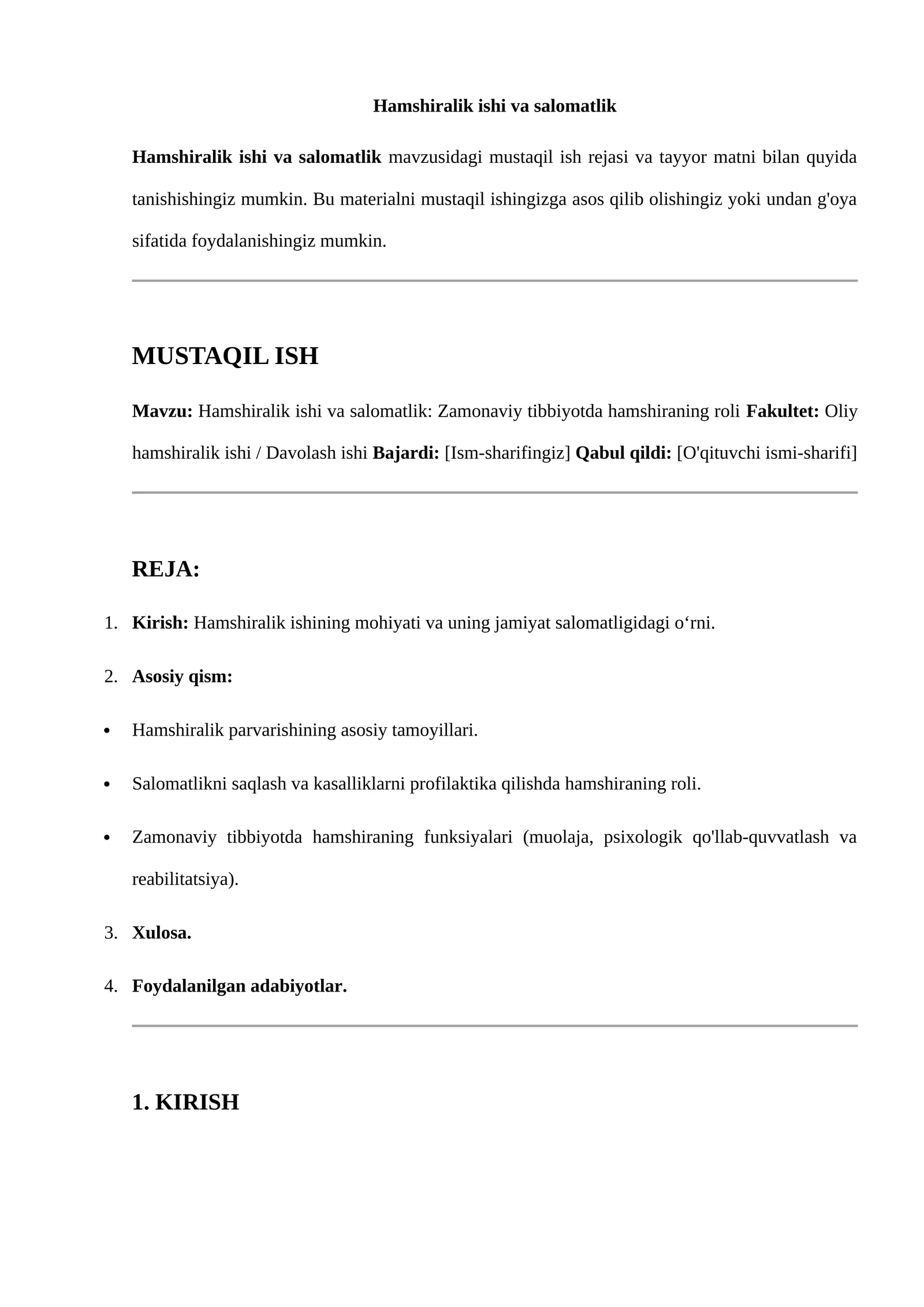 Hamshiralik ishi va salomatlik