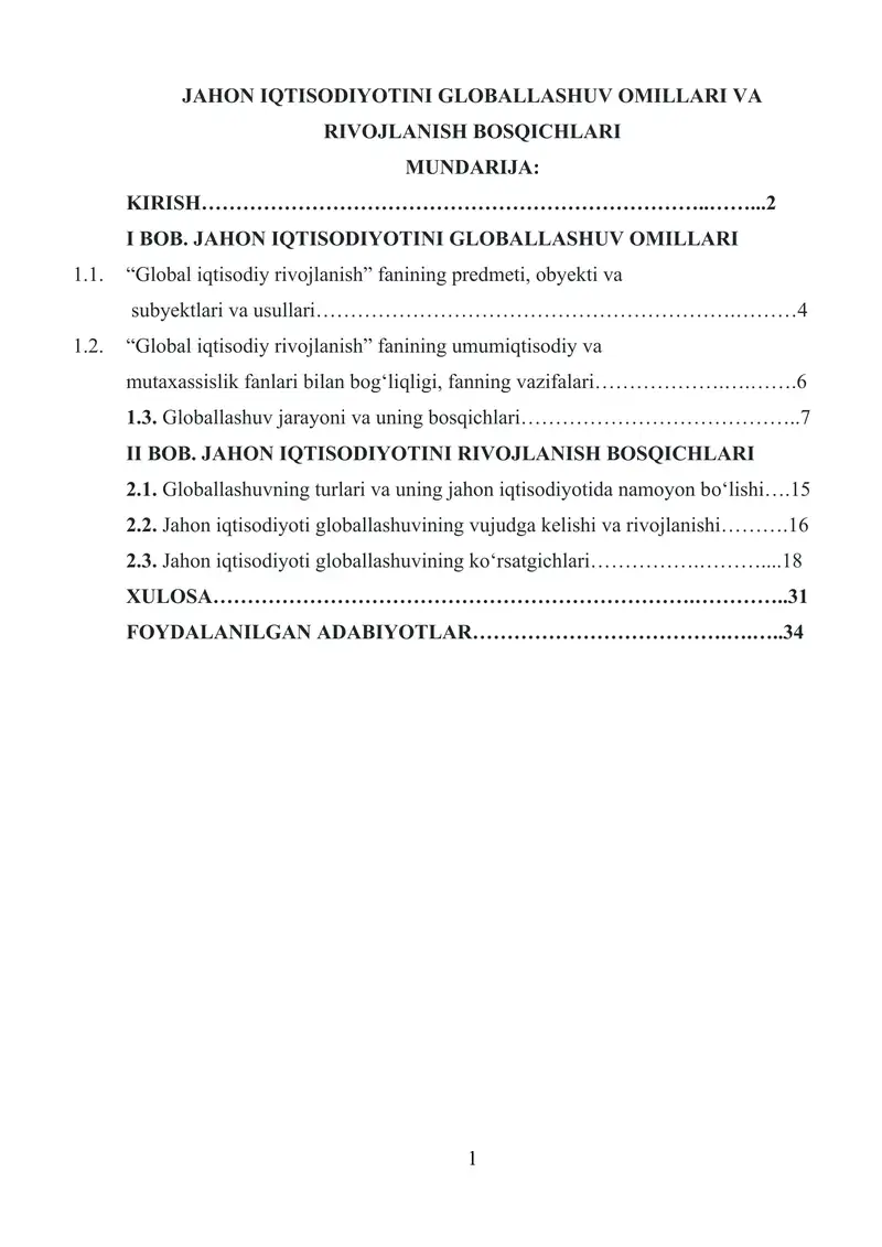JAHON IQTISODIYOTINI GLOBALLASHUV OMILLARI VA RIVOJLANISH BOSQICHLARI