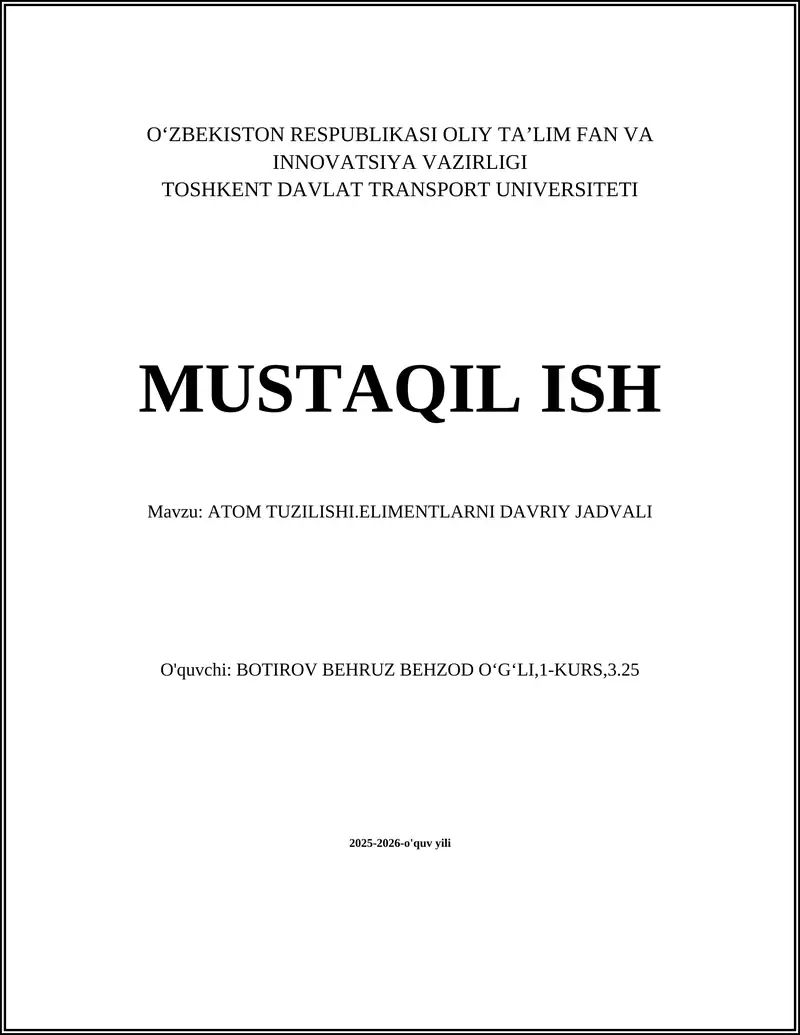 ATOM TUZILISHI.ELIMENTLARNI DAVRIY JADVALI