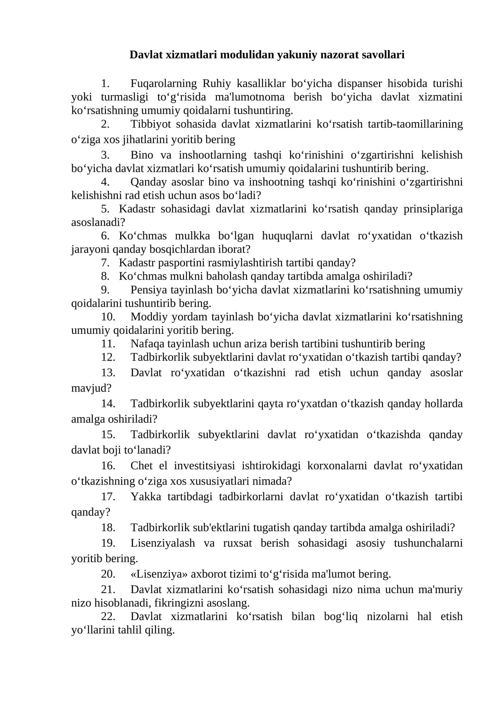 Davlat xizmatlari modulidan yakuniy nazorat savollari