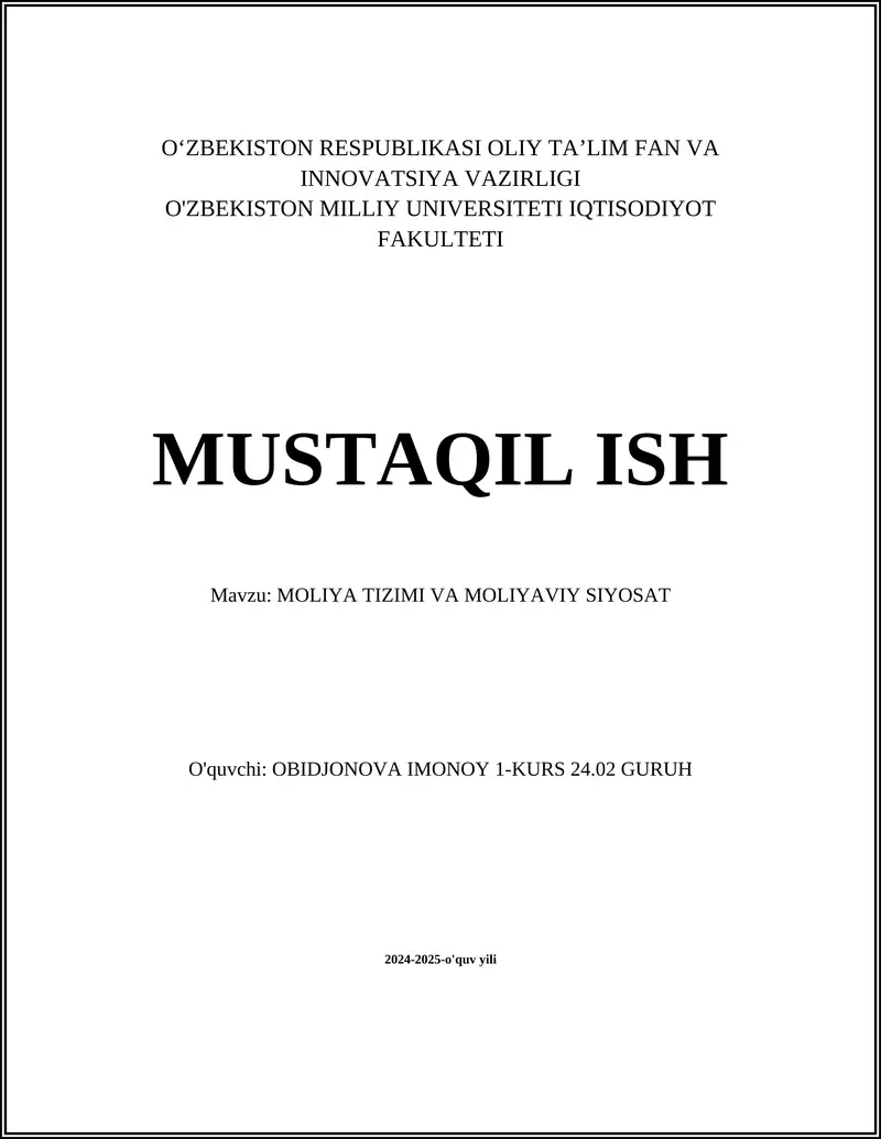 Moliya Tizimi va Maliyaviy Siyosat