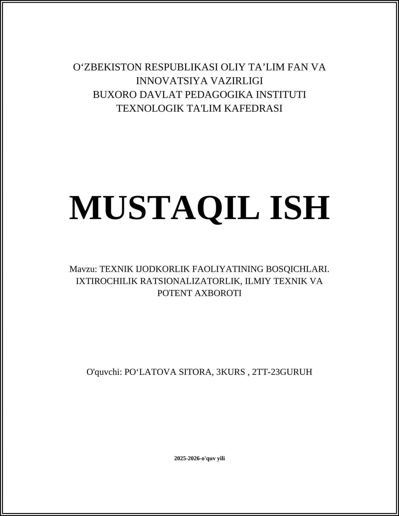 TEXNIK IJODKORLIK FAOLIYATINING BOSQICHLARI