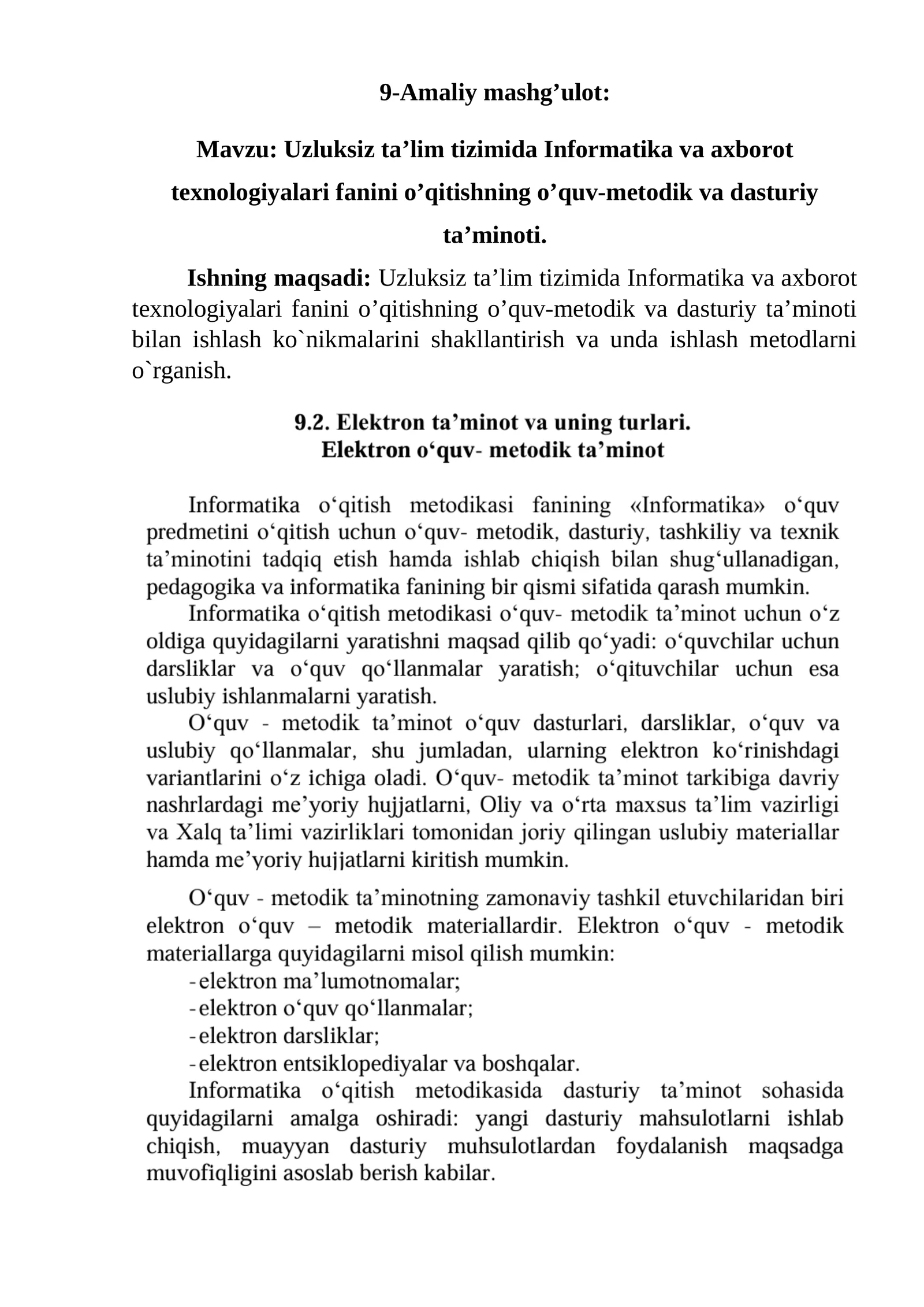 Uzluksiz ta’lim tizimida Informatika va axborot texnologiyalari fanini o’qitishning o’quv-metodik va dasturiy ta’minoti