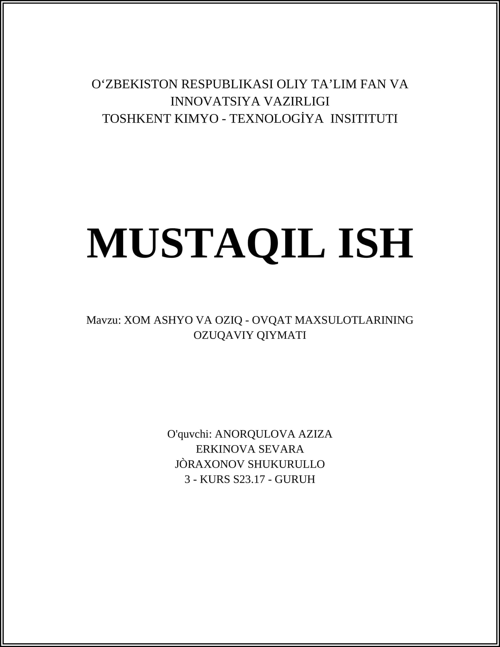 XOM ASHYO VA OZIQ - OVQAT MAXSULOTLARINING OZUQAVIY QIYMATI
