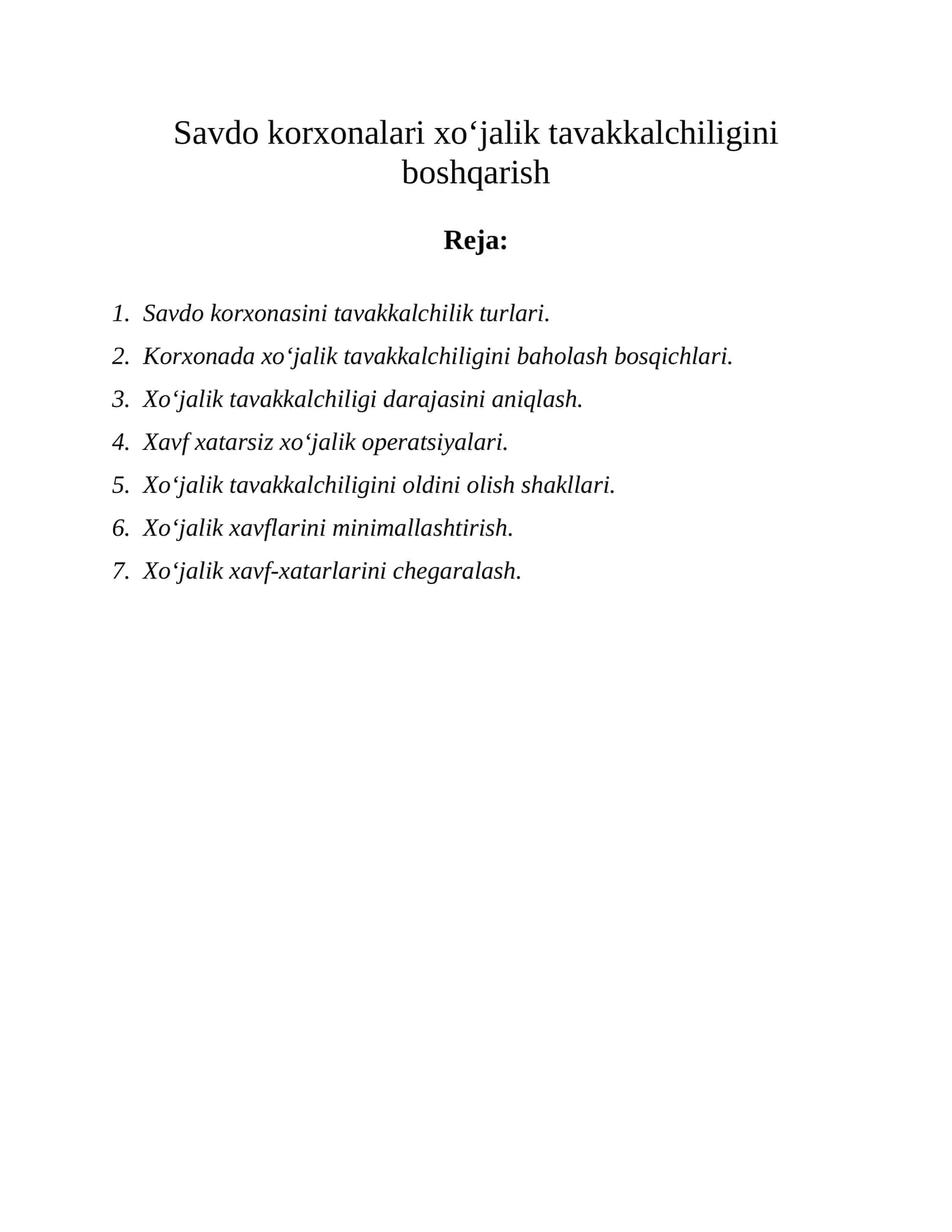 Xo‘jalik tavakkalchiligini boshqarish