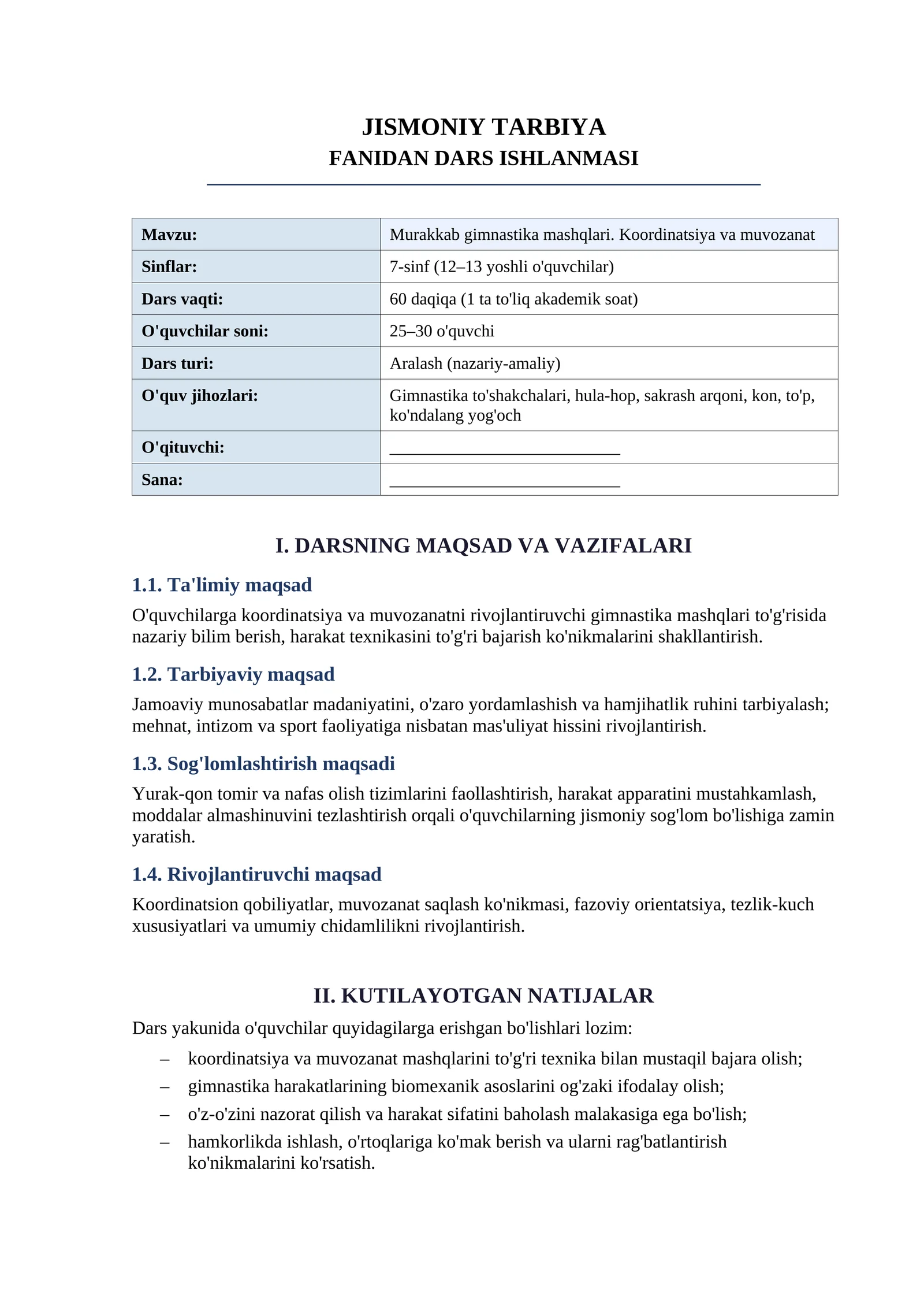JISMONIY TARBIYA FANIDAN DARS ISHLANMASI