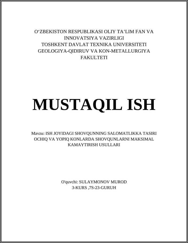 ISH JOYIDAGI SHOVQUNNING SALOMATLIKKA TASIRI