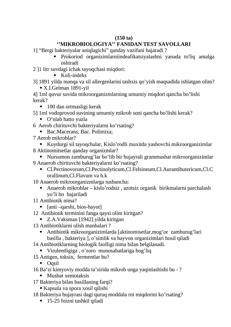 "MIKROBIOLOGIYA" FANIDAN TEST SAVOLLARI