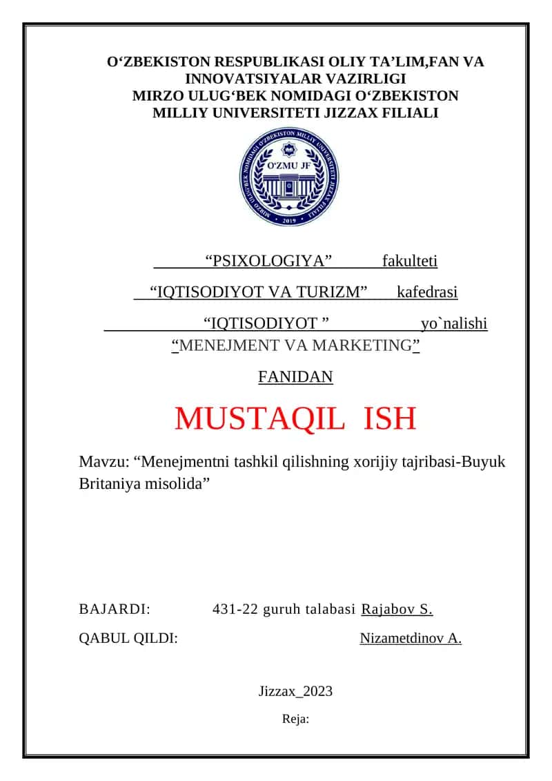 Menejmentni tashkil qilishning xorijiy tajribasi-Buyuk Britaniya misolida