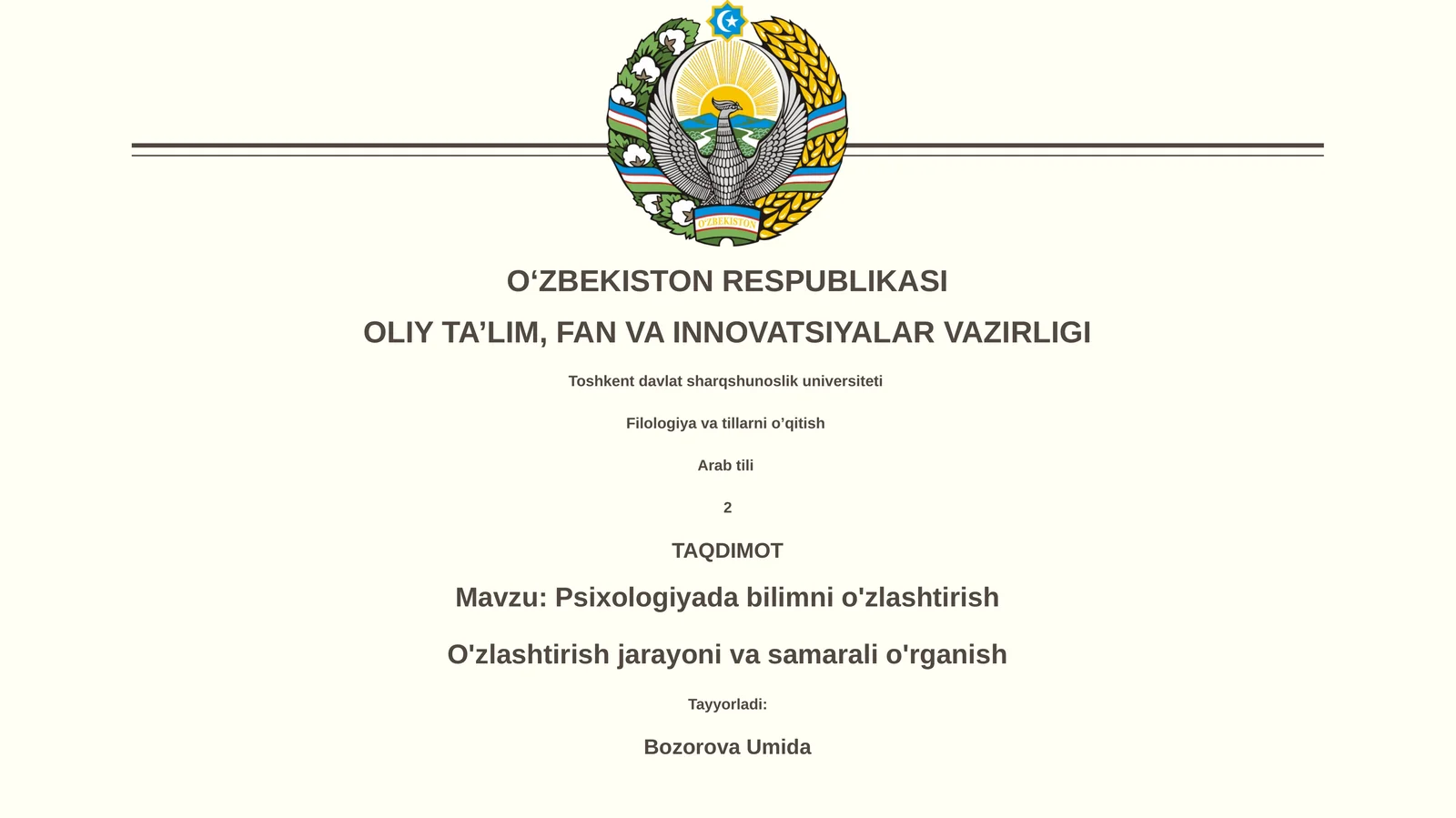 Psixologiyada bilimni o'zlashtirish