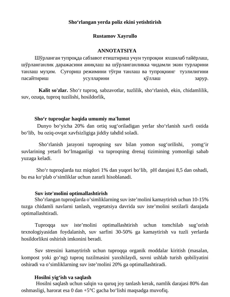 Shoʻrlangan yerda poliz ekini yetishtirish