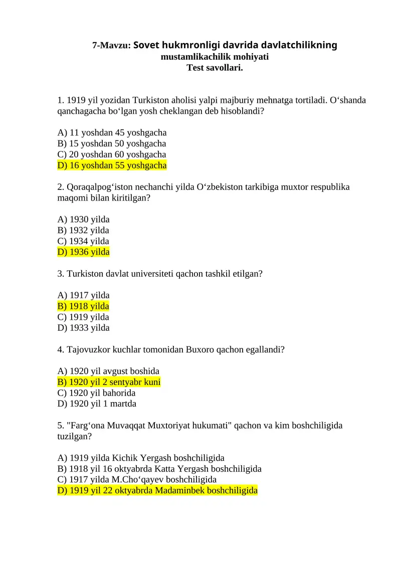 Sovet hukmronligi davrida davlatchilikning mustamlikachilik mohiyati Test savollari