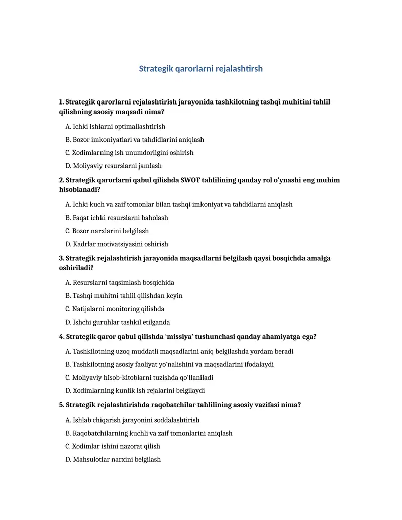 Strategik qarorlarni rejalashtirish TEST