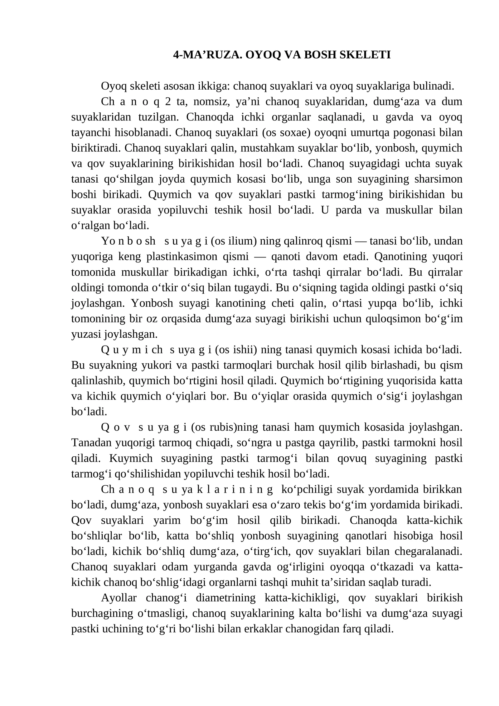 4-MA’RUZA. OYOQ VA BOSH SKELETI